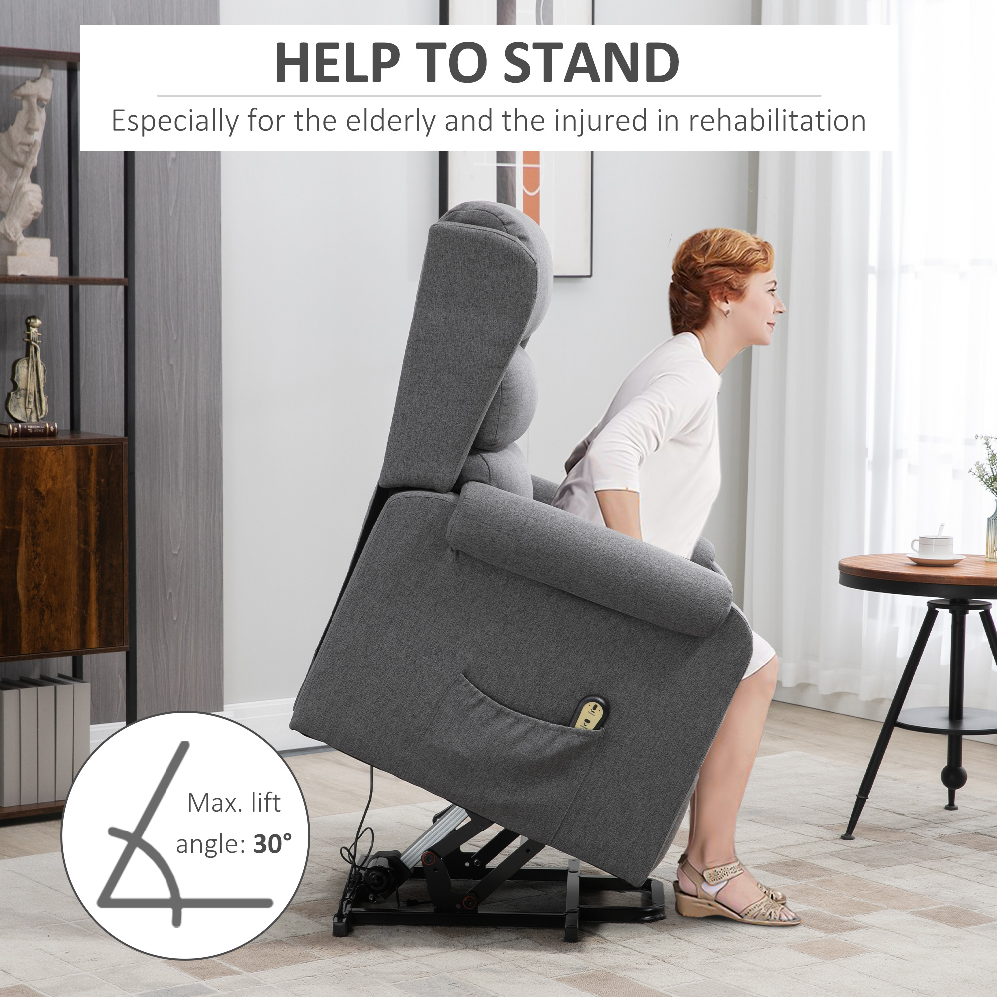 Lift Chair for Elderly, Power Chair Recliner with Footrest, Remote Control, Side Pockets for Living Room, Grey - Image 5