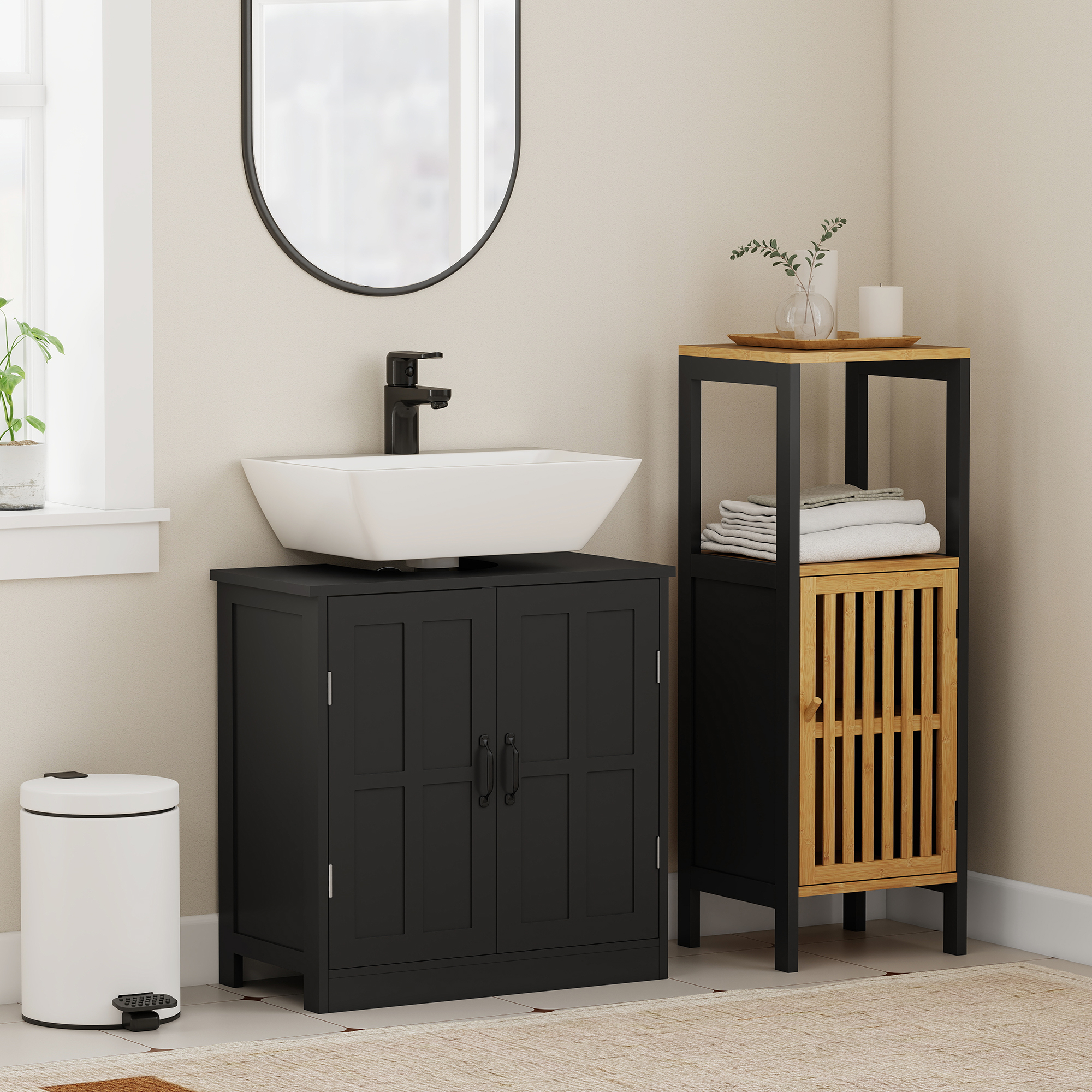 edestal Under Sink Cabinet, Bathroom Vanity Cabinet Storage with Double Doors and Adjustable Shelf, Black - Image 6