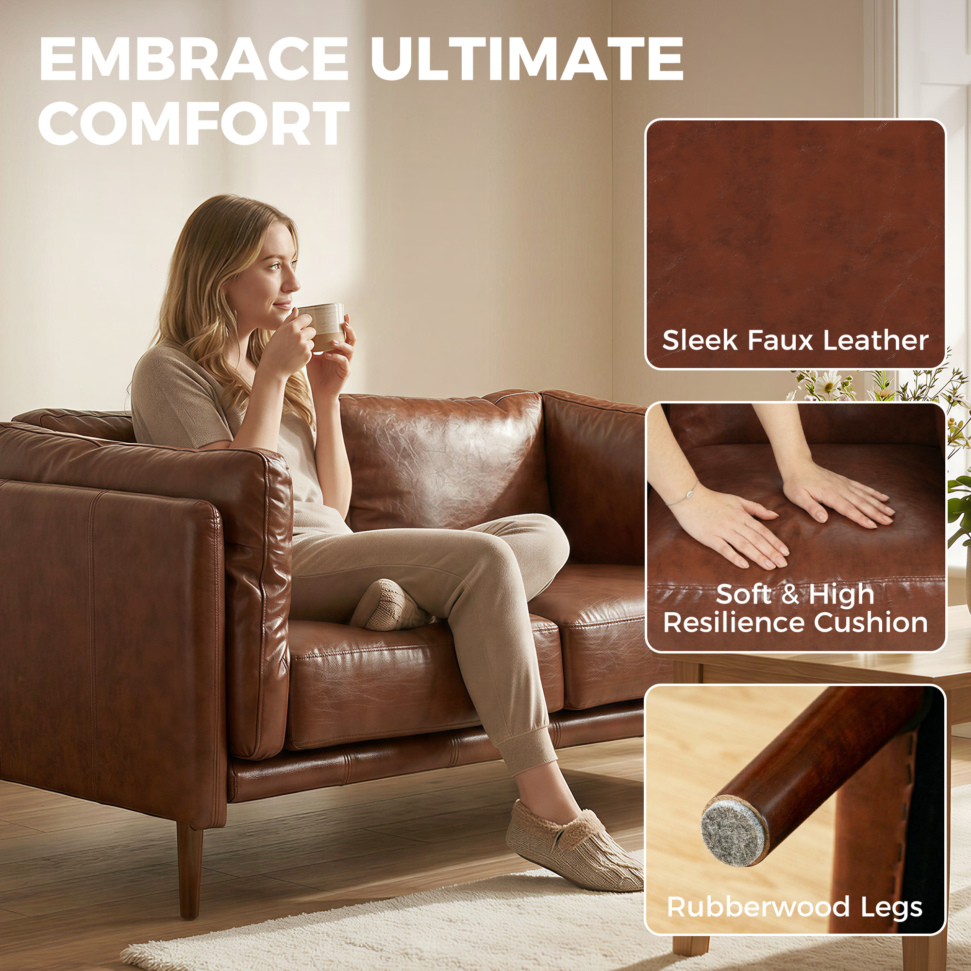 59" Loveseat Sofa, PU Leather 2 Seater Sofa with Wide Seat, High-Density Foam, Thick Cushion, Wood Legs, Brown - Image 2