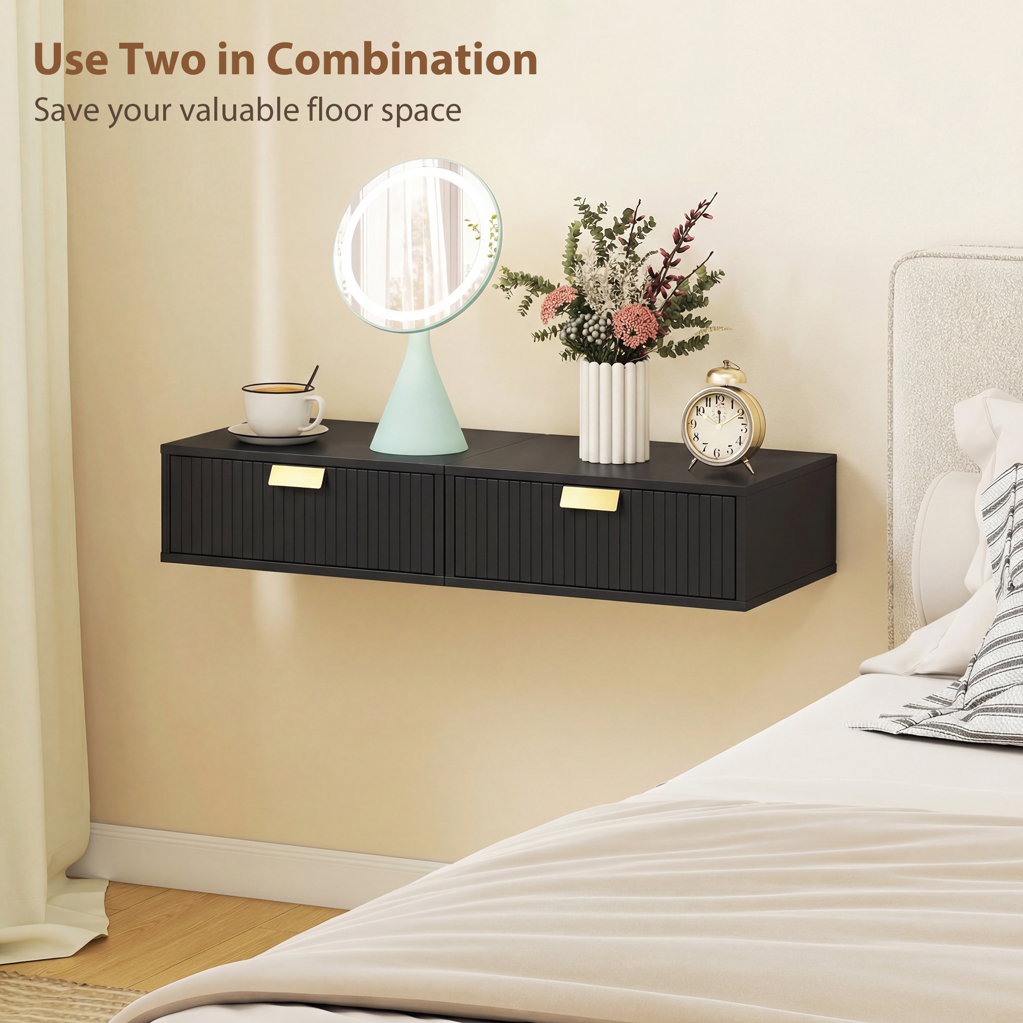 Modern Floating Nightstands Set of 2, Wall Mounted Bedside Tables with Wave Drawer Black - Image 4