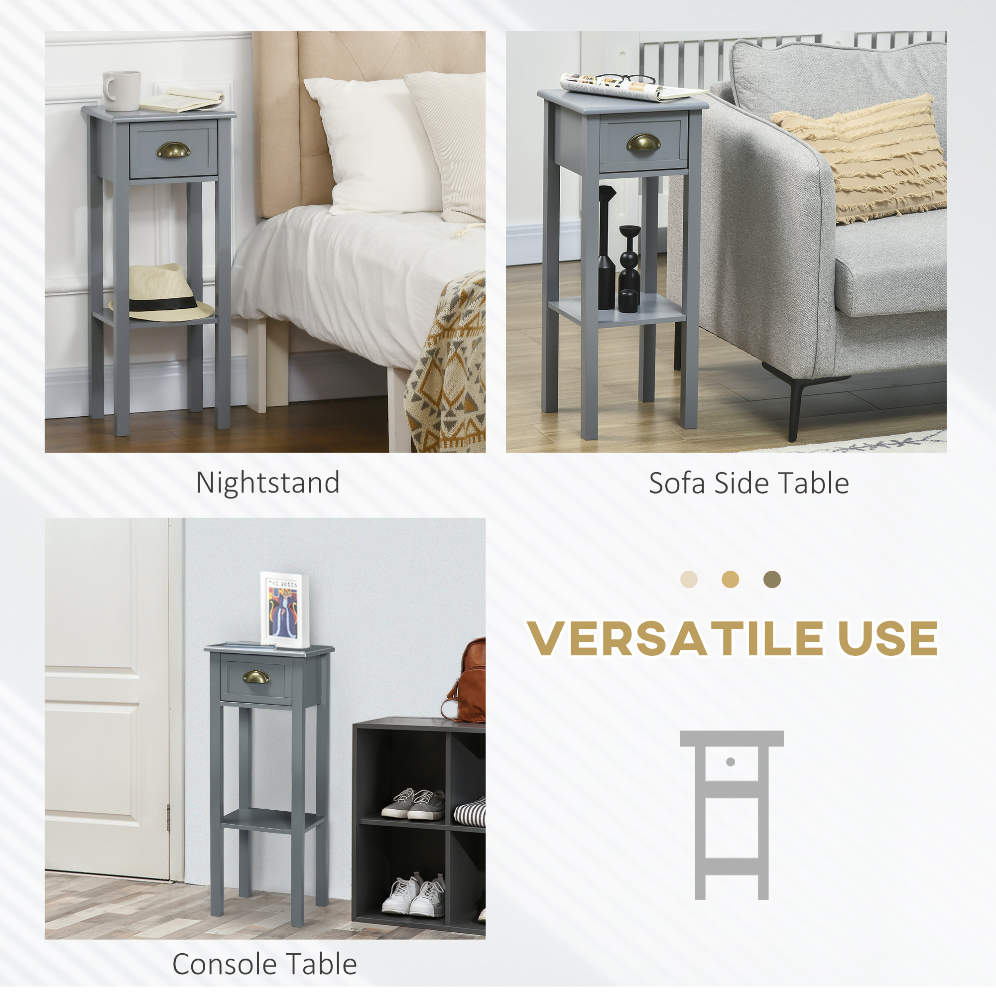 Bedside Table Set of 2, Narrow Side Table with Drawer and Shelf, 2 Tier Tall Nightstand for Bedroom, Grey - Image 4