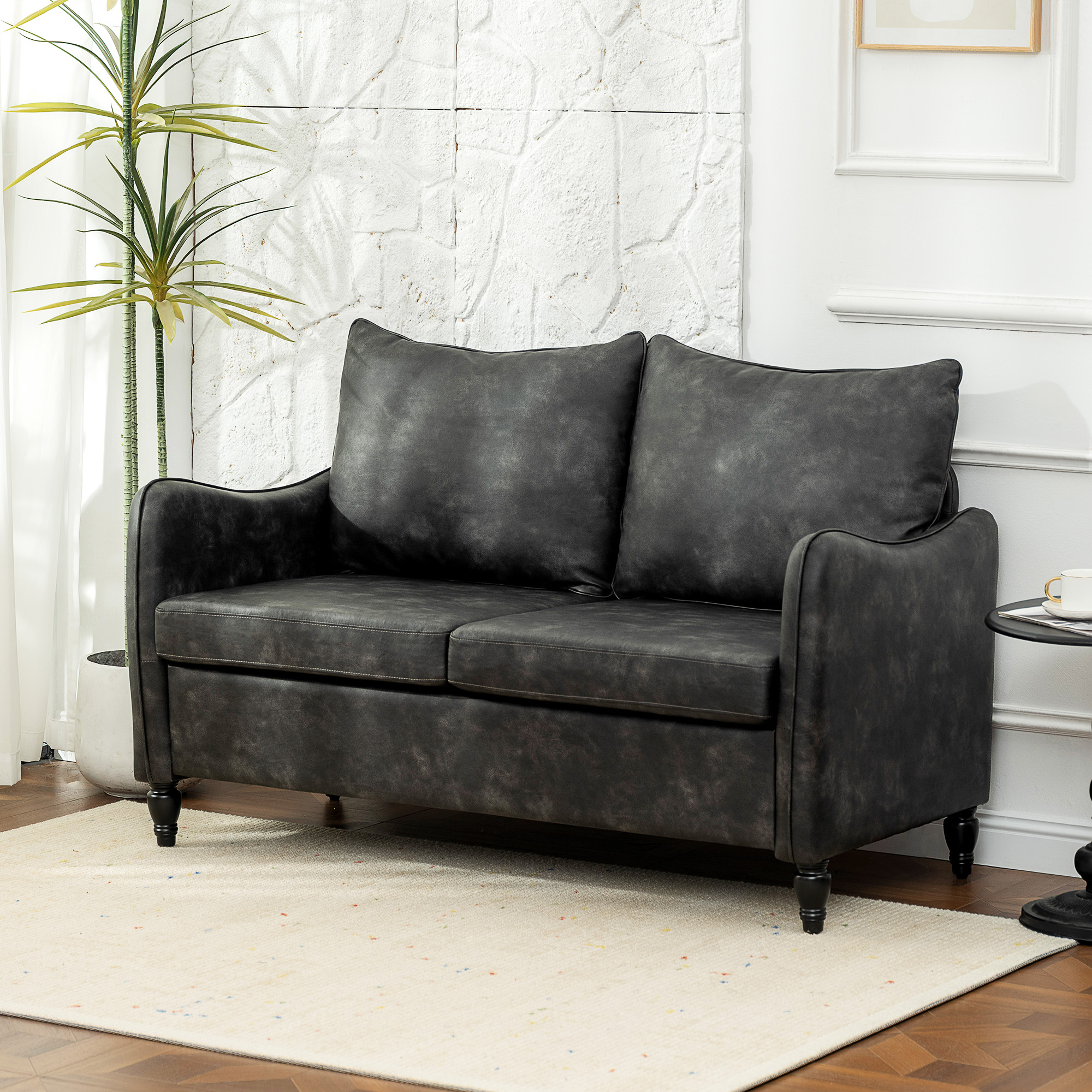 55" Loveseat Sofa, Small 2 Seater Couch with Solid Wood Legs, Modern PU Leather Upholstered Sofa for Small Spaces, Grey - Image 6