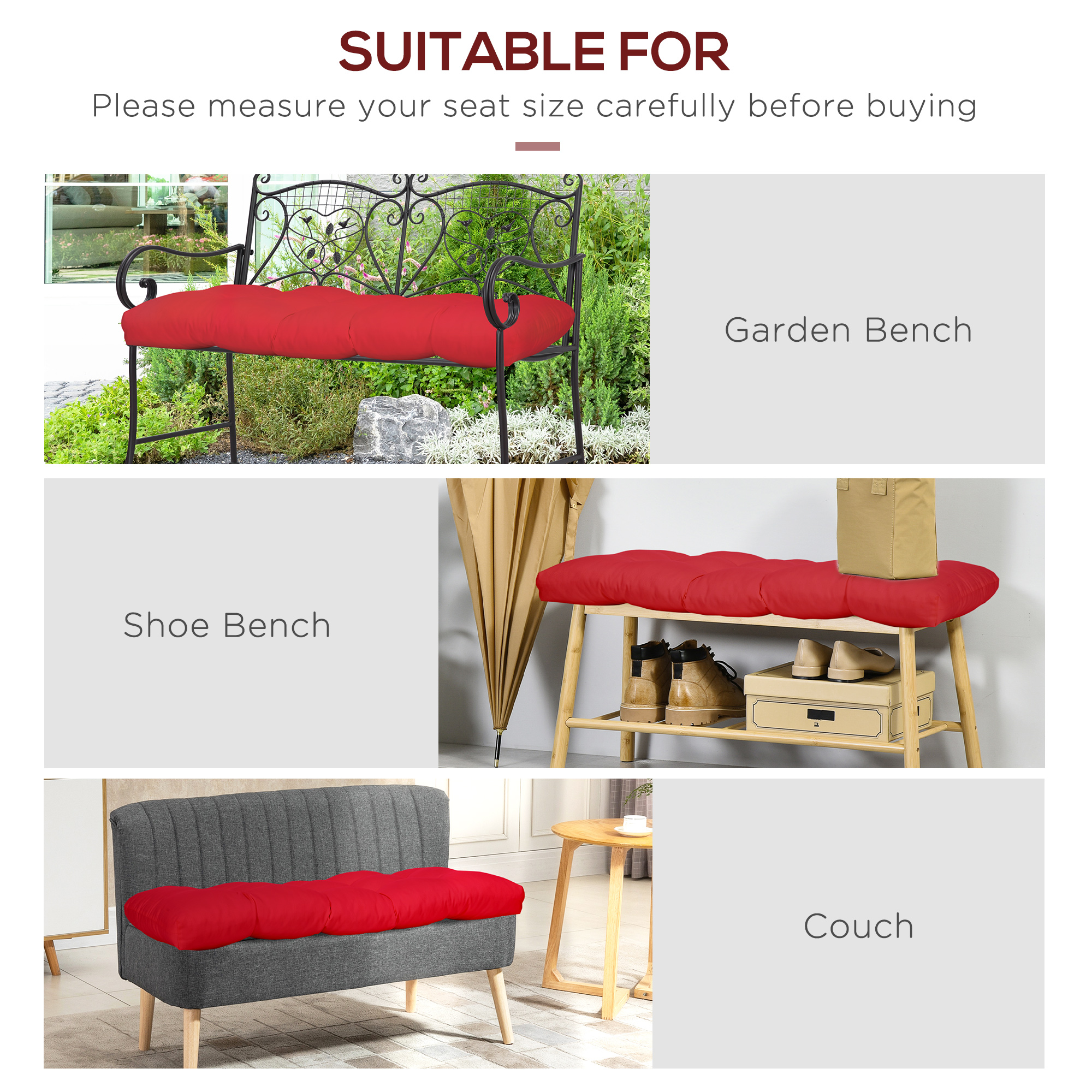 Set of 2 Patio Bench Replacement Cushions, 2 Seater Outdoor Loveseat Cushion Seat Pad, 43" x 19" x 3", Wine Red - Image 4