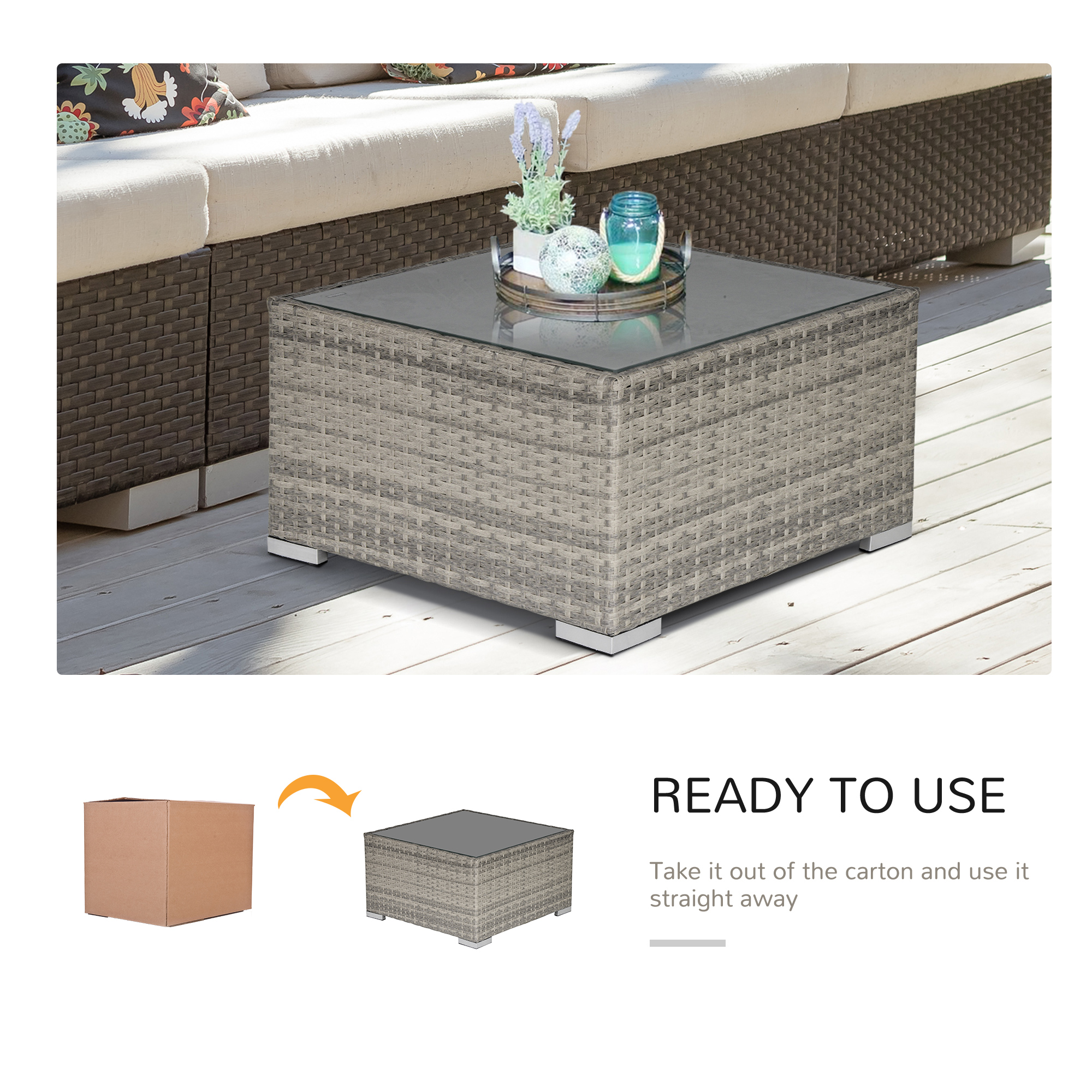 Rattan Garden Coffee Table, 25.6" Square Garden Rattan Table with Tempered Glass Top, Grey - Image 2