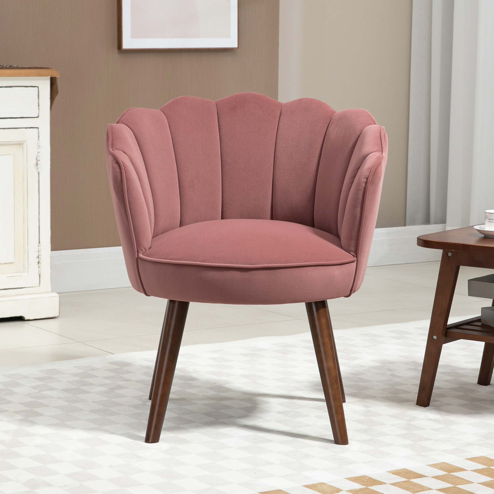 Modern Vanity Chair, Velvet-feel Fabric Leisure Accent Chair with Wood Legs for Living Room, Pink - Image 5