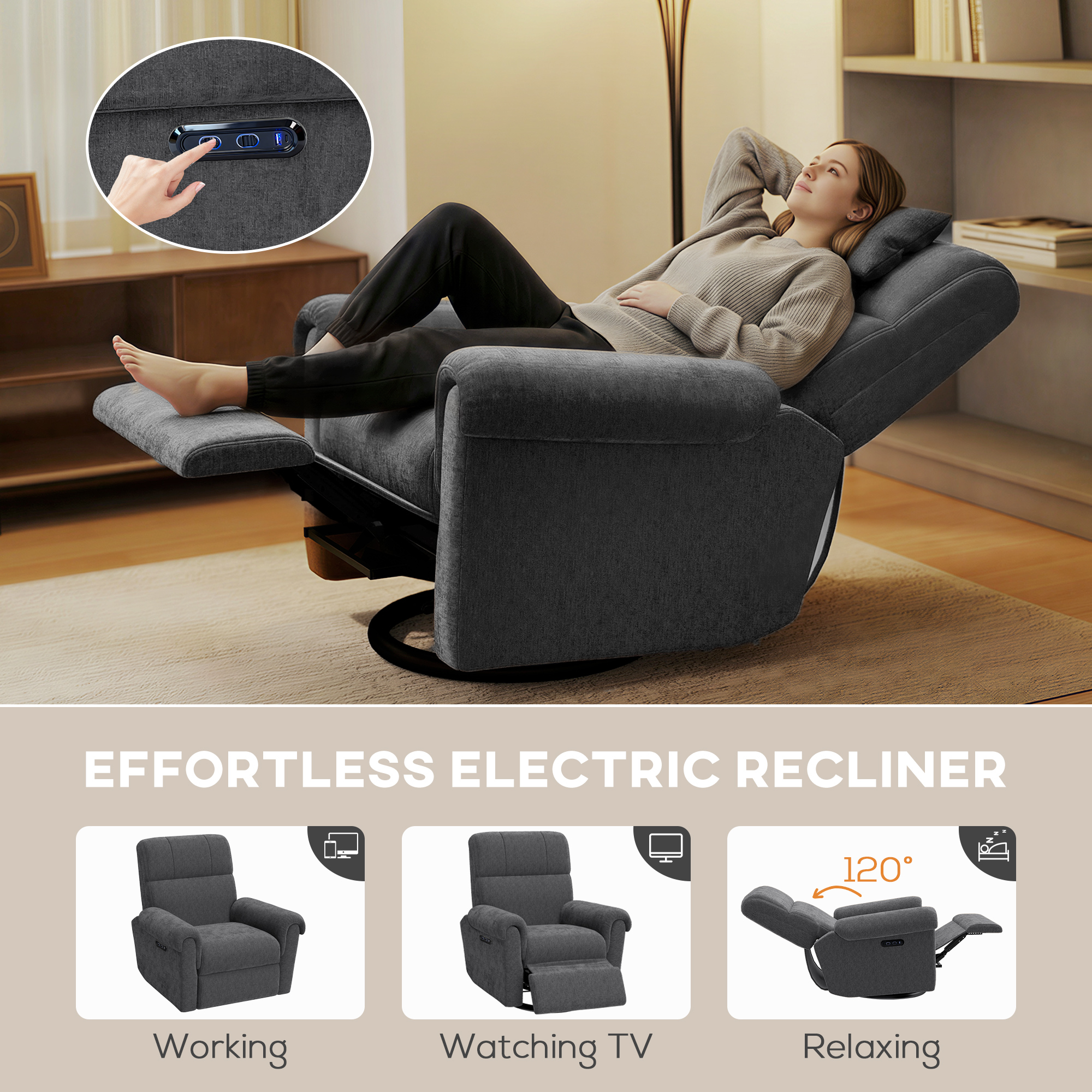 Power Recliner Chair, Fabric Upholstered Recliner Chair with USB Ports, Swivel and Rocking Function, Footrest, Dark Grey - Image 2