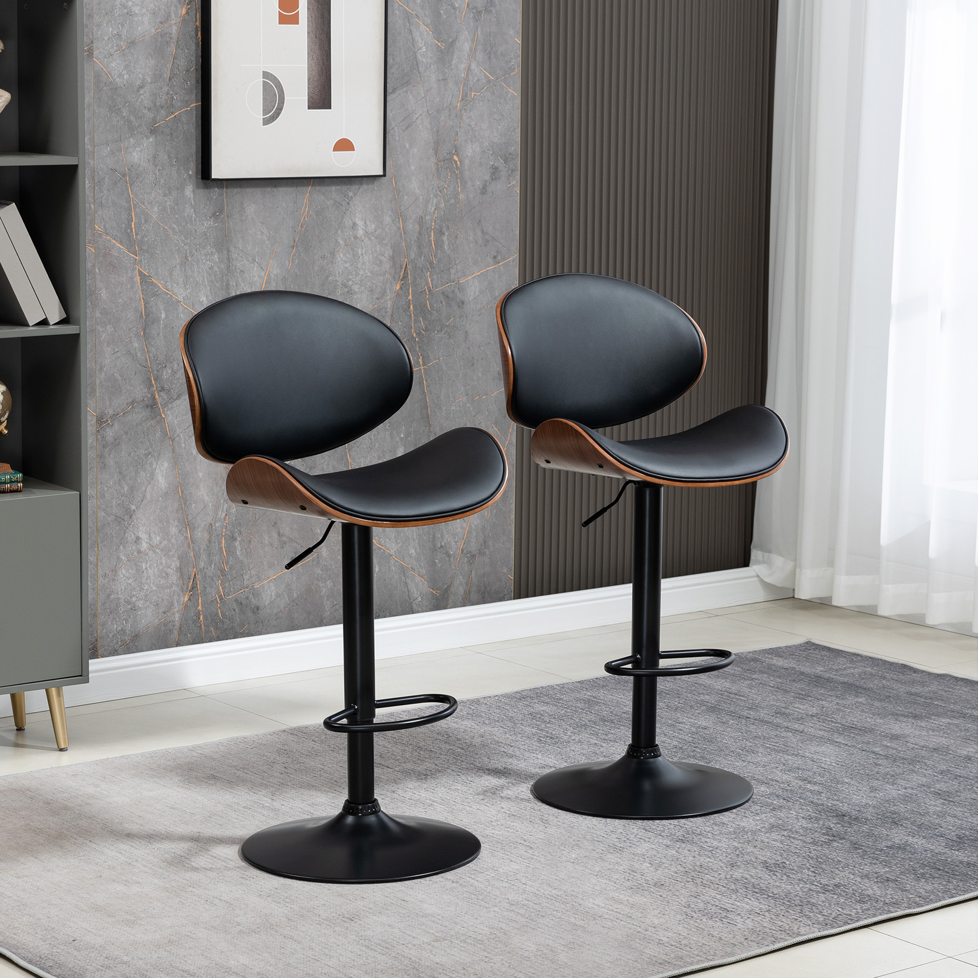 Bar Stools Set of 2, Modern PU Leather Adjustable Swivel Barstools with Curved Back, Footrest and Steel Base, Black - Image 6