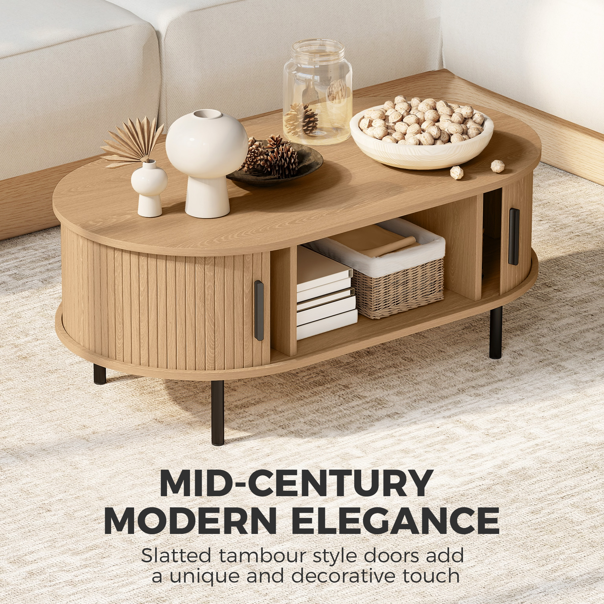 Coffee Table with Sliding Tambour Doors and Storage Center Table with Metal Legs, 39", Natural - Image 2
