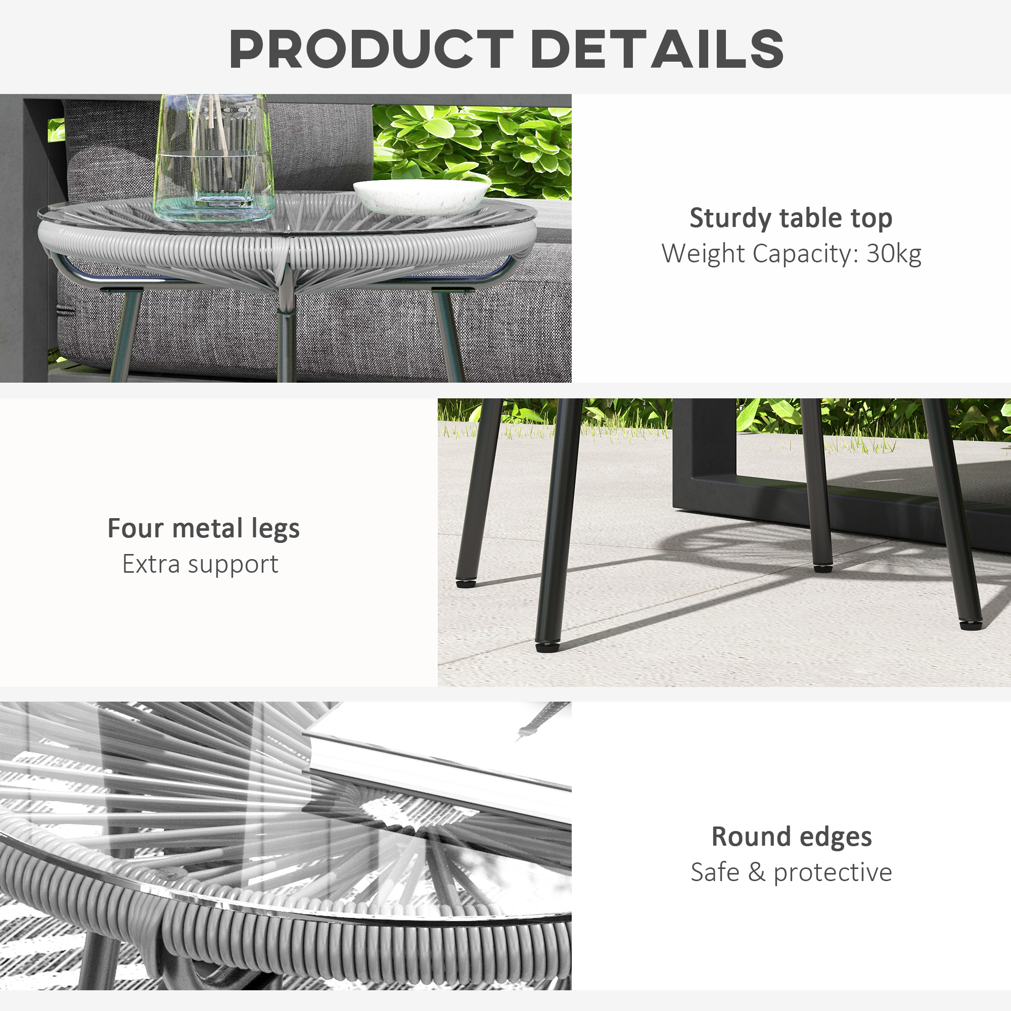 Rattan Side Table, Round Outdoor Table, with Round PE Rattan and Tempered Glass Table Top for Patio, Garden, Grey - Image 4