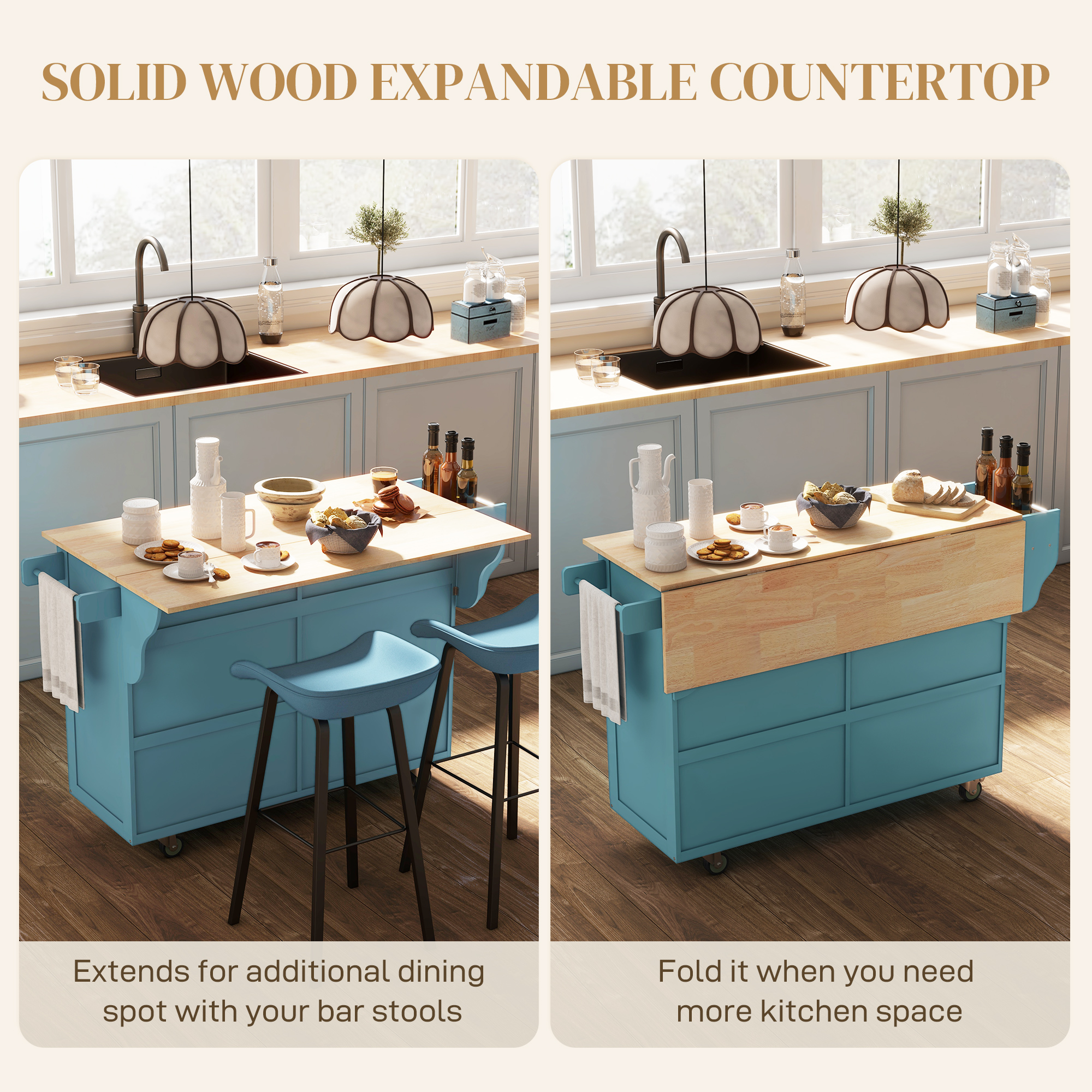 Kitchen Island with Storage, Rolling Kitchen Island with Drop Leaf, Rubber Wood Top and Adjustable Shelves, Light Blue - Image 2