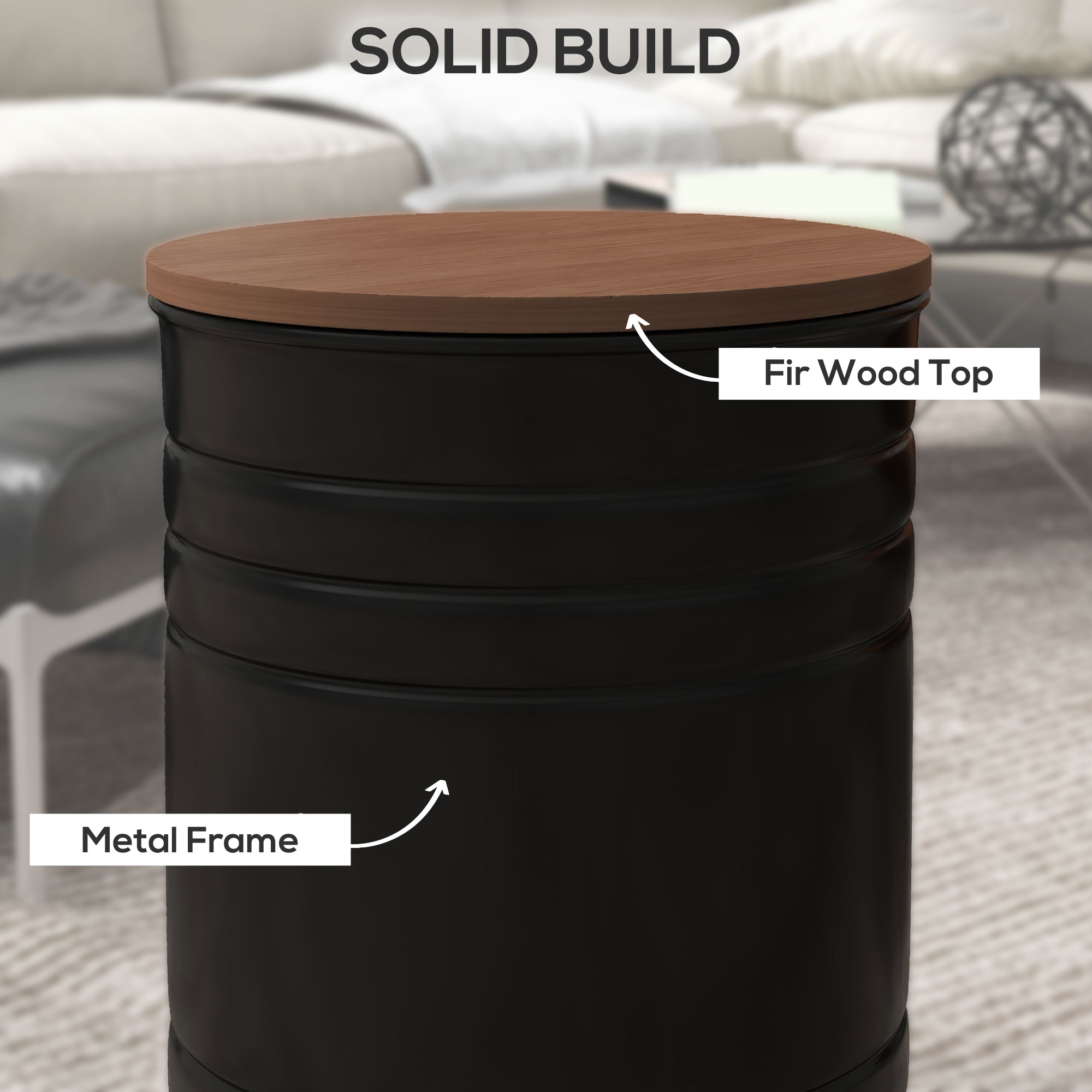 Round Side Table Set of 2, Nesting Coffee Tables w/ Wooden Lid, Metal Frame and Hidden Storage Space for Bedroom, Black - Image 4