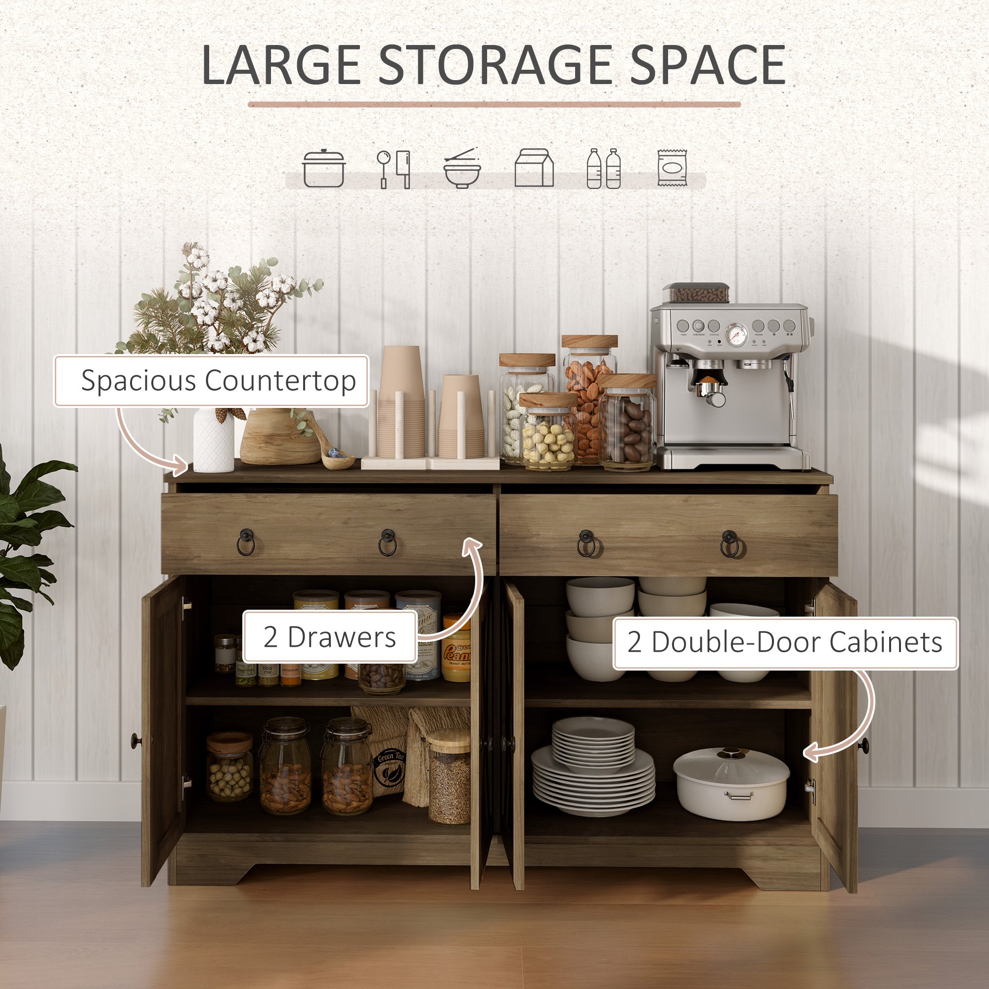 Sideboard Cabinet with 2 Drawers, 4 Barn Doors and 2 Adjustable Shelves, Buffet Table for Living Room, Light Brown - Image 2