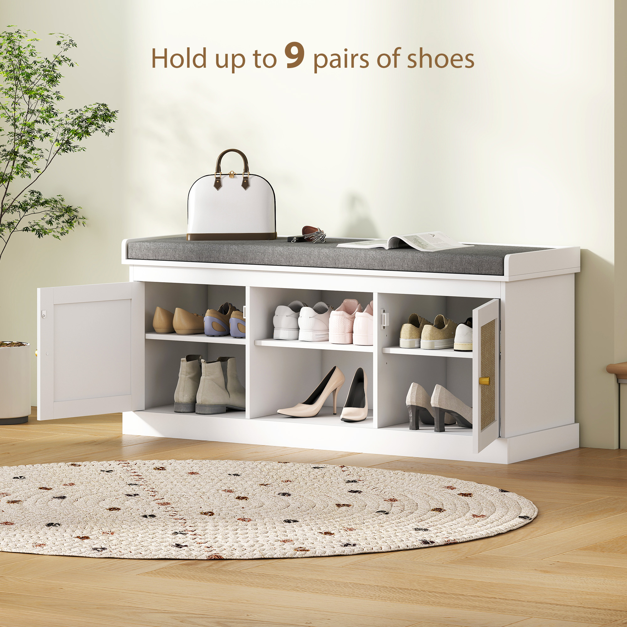 Shoe Bench with Padded Cushion, Boho Entryway Bench with Rattan Doors and Adjustable Shelves, Holds 9 Pairs, White - Image 4