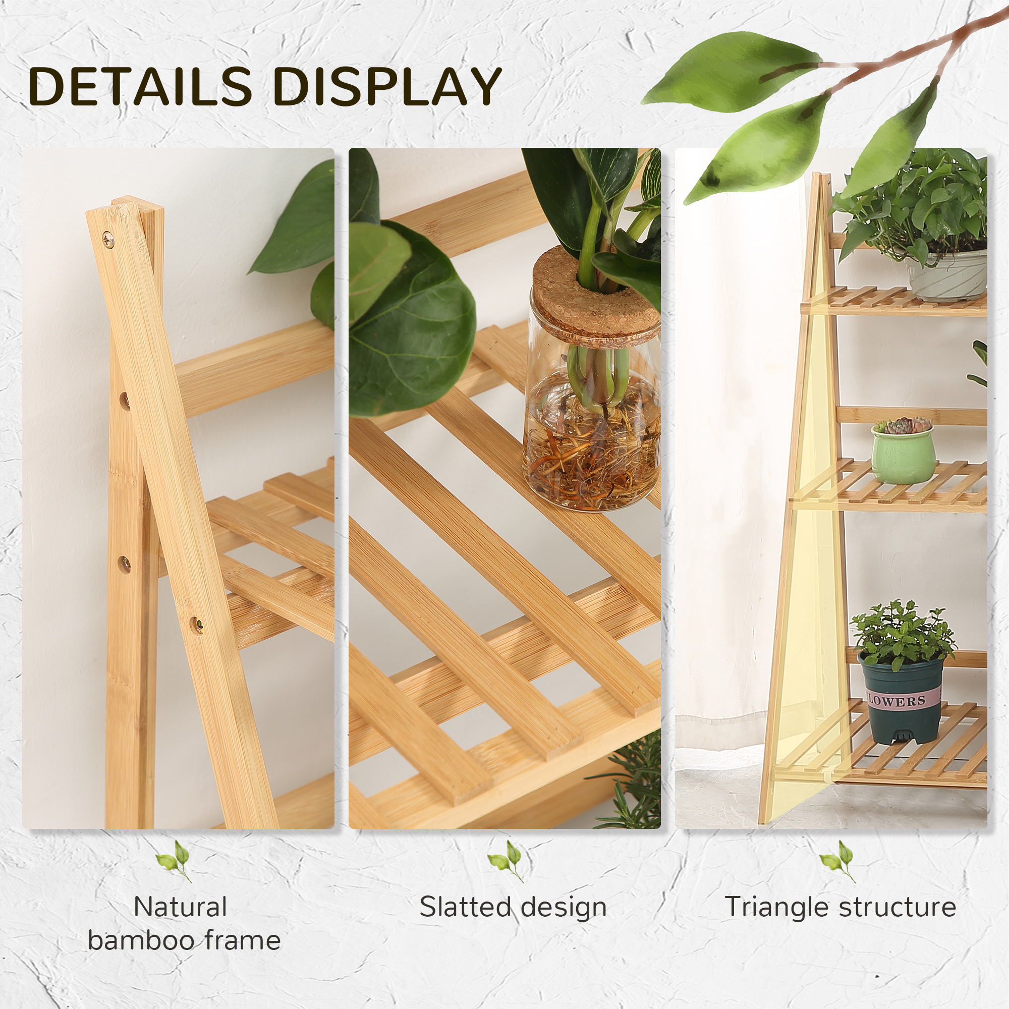3-Tier Plant Stand, Plant Shelf Rack, Folding Bamboo Display Stand, 98x37x96.5cm, Natural - Image 4