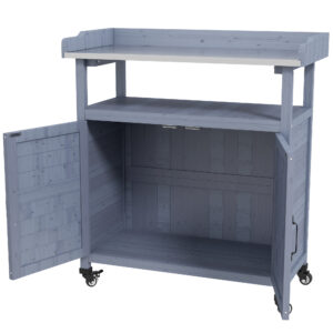 Outdoor Wooden Potting Bench with Storage Cabinet, Aluminum Tabletop, Rubber Wheels for Backyard, Patio, Balcony, Grey