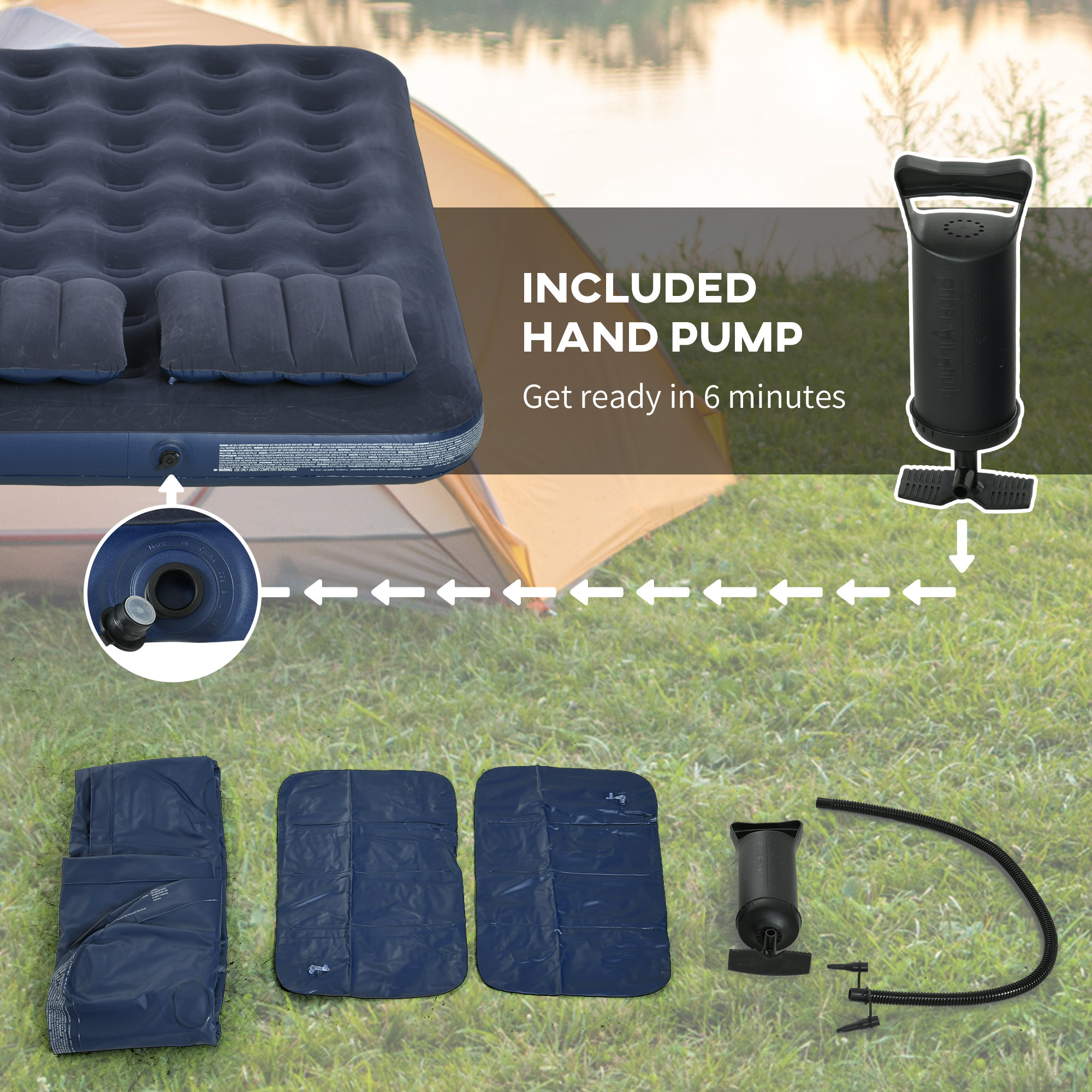 Queen Size Air Mattress Camping Air Bed with 2 Pillows and Hand Pump, Blue - Image 3
