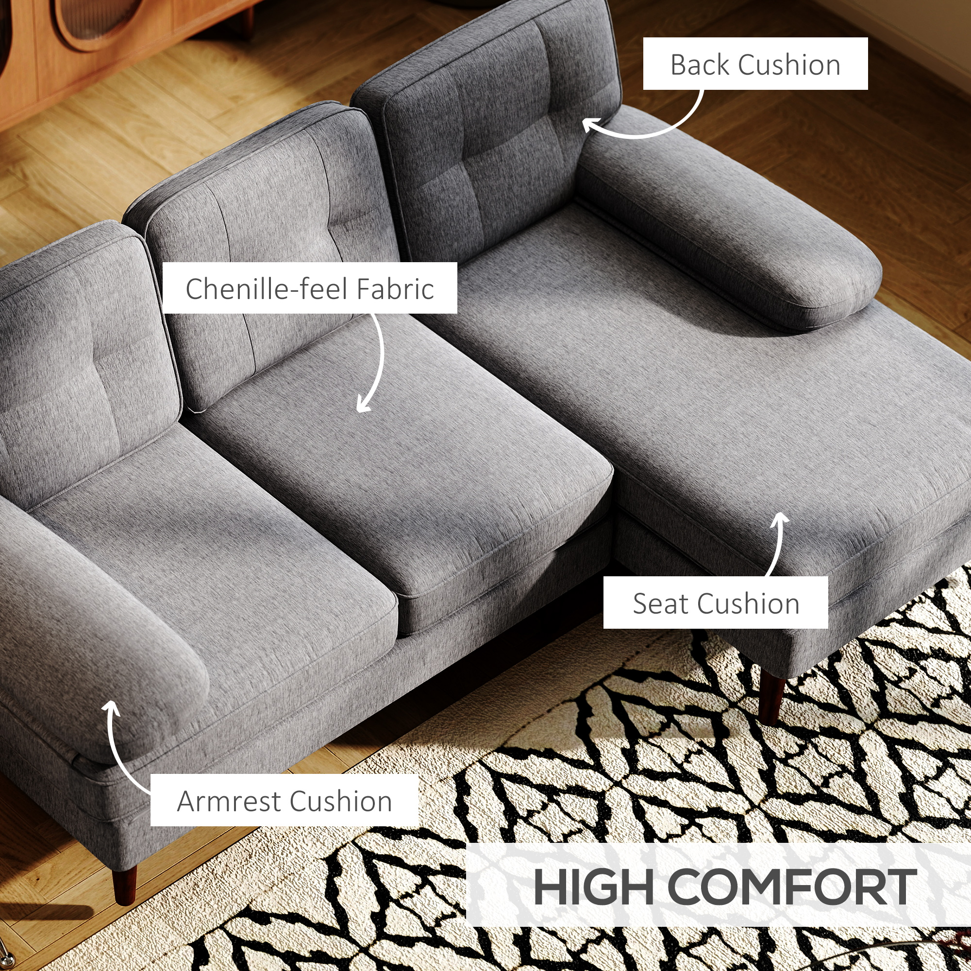 Modern Corner Couch with Right Chaise Lounge, Tufted 3-Seater Sofa with Wooden Legs for Living Room, Grey - Image 3