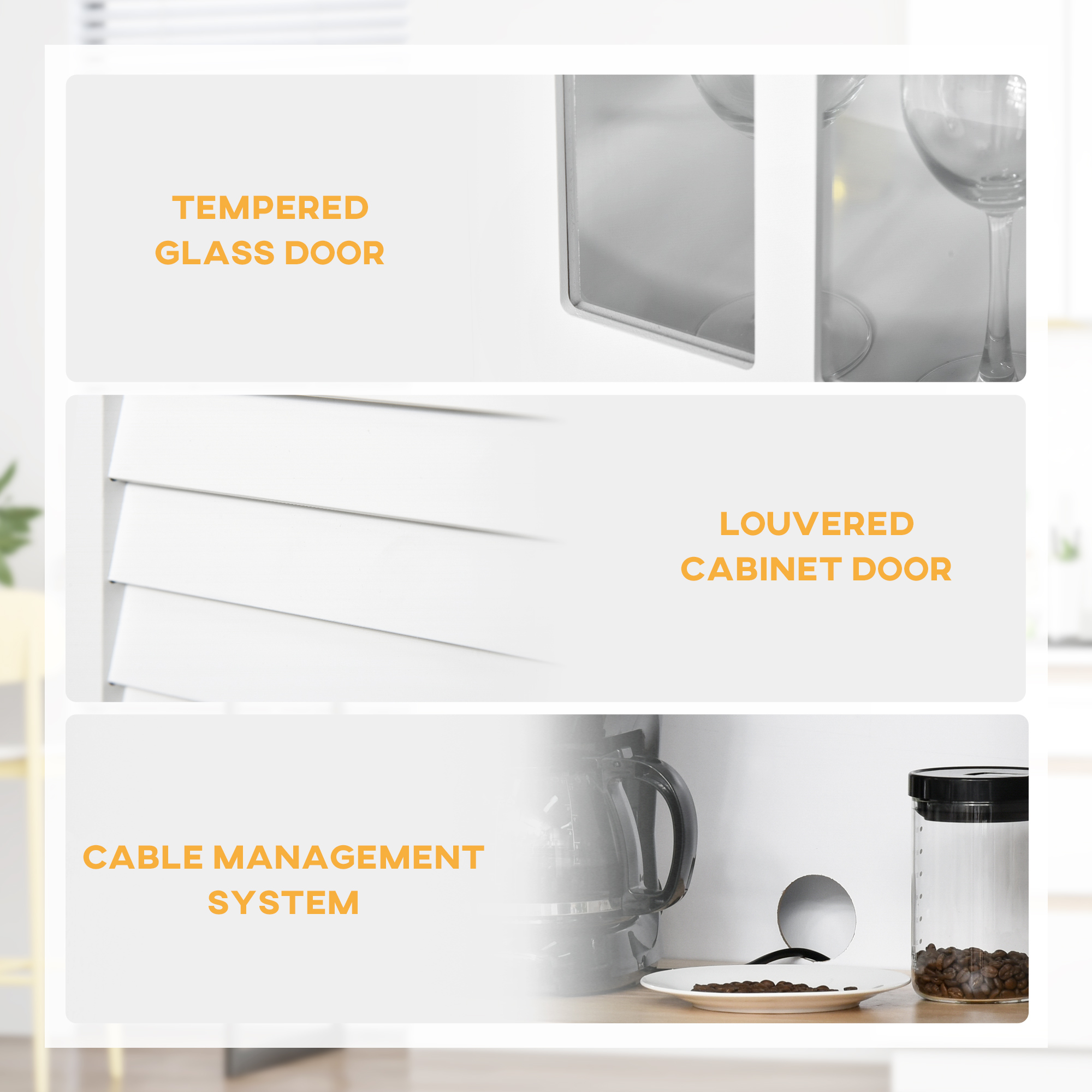 Coastal Style Kitchen Buffet and Hutch Wooden Storage Cupboard with Framed Glass Door LouveredCabinet Drawers Microwave Space for Dining Room Living Room White - Image 5