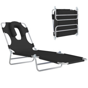 Folding Lounge Chair Outdoor, Tanning Chair with Face Hole Arm Slots, Beach Chaise Lounger with Pillow, 5-Position Adjustable Portable Sun Lounger Bed for Pool, Black