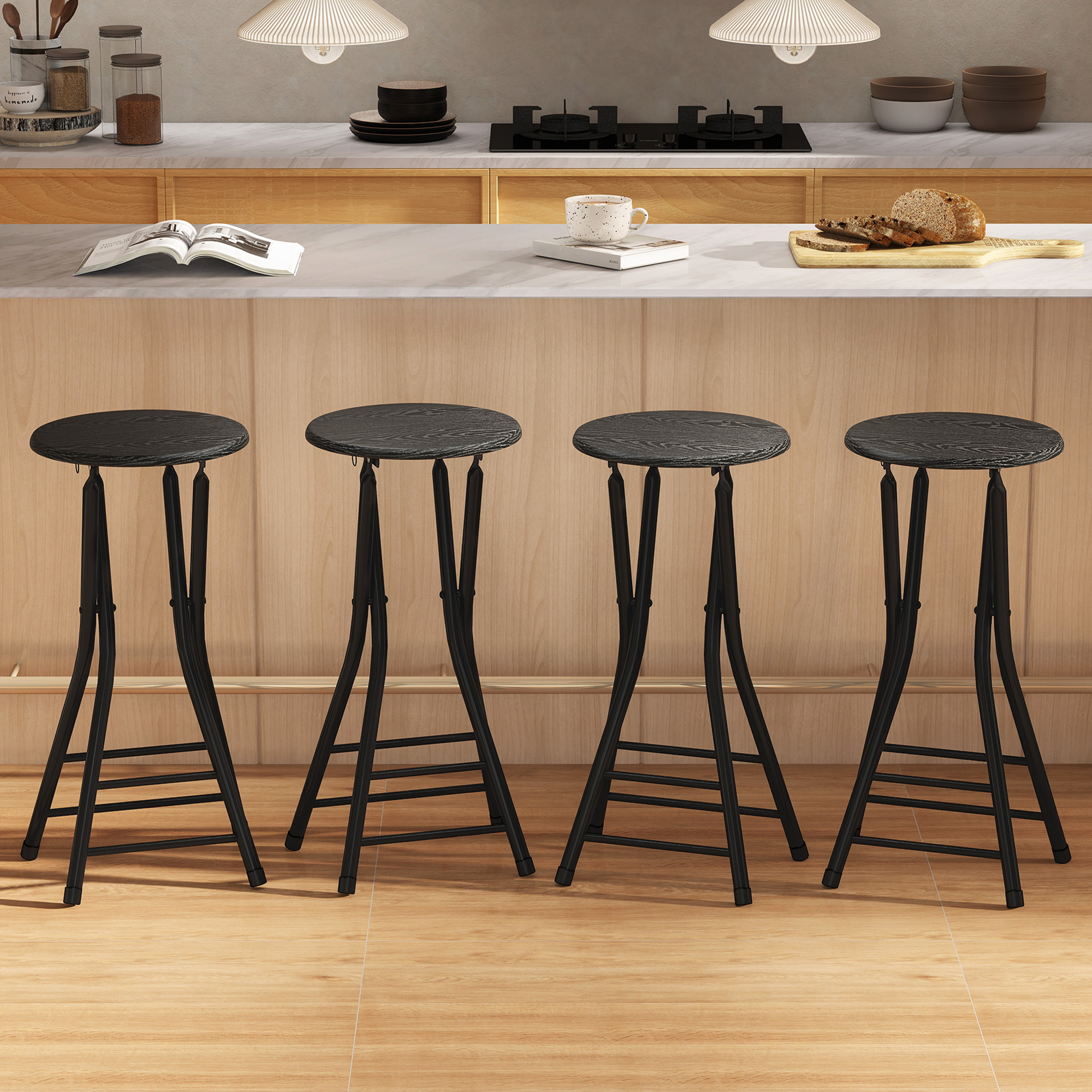 Set of 4 Foldable Barstools, Counter Height Bar Stools with Footrest and Steel Legs for Kitchen Island, Black - Image 6