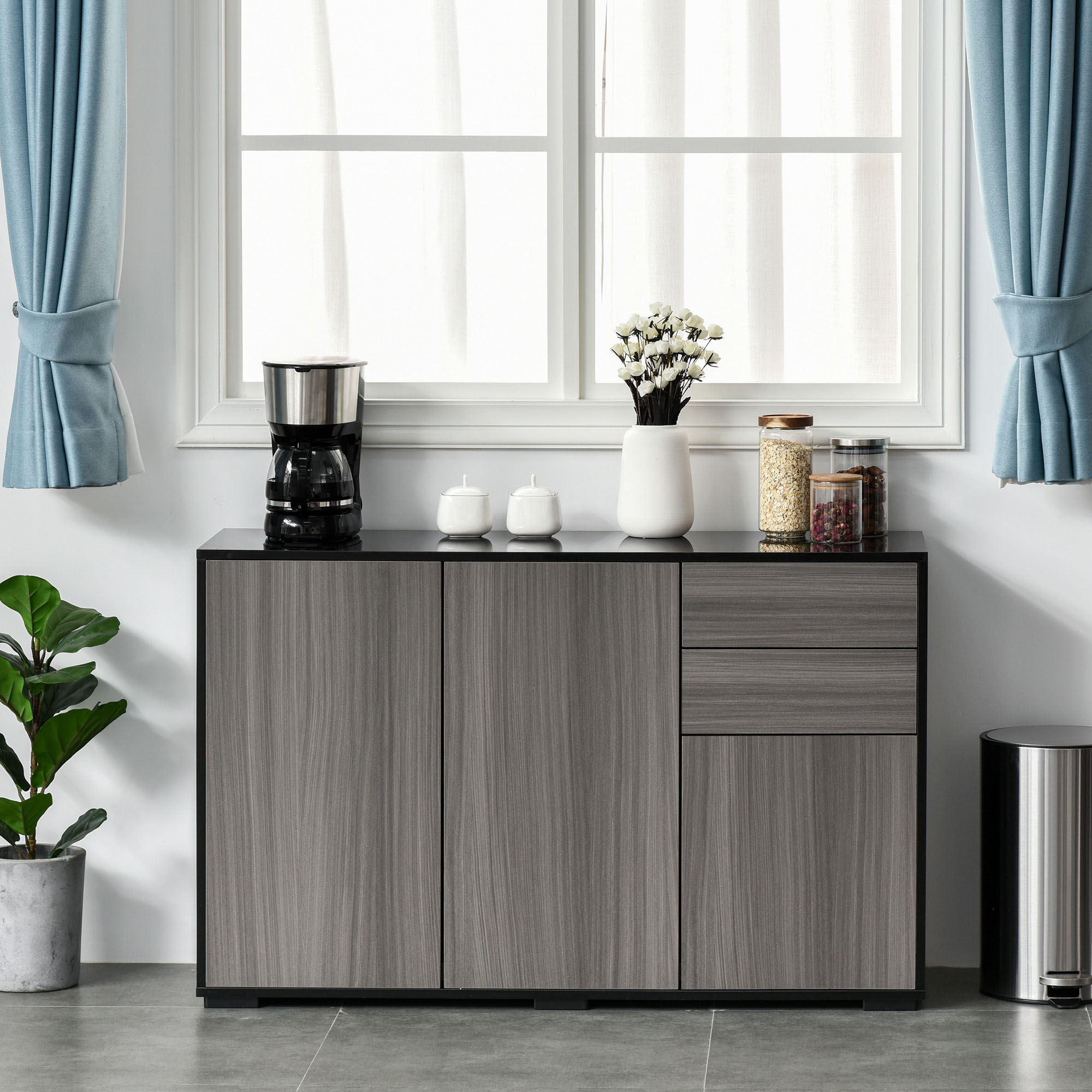 Kitchen Sideboard Storage Cabinet, Modern Coffee Bar with Push-Open Design and 2 Drawers for Living Room, Black - Image 6