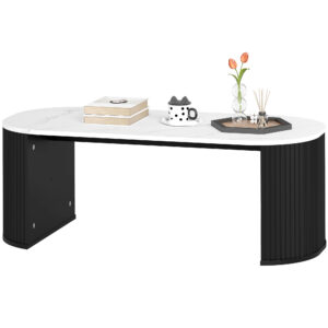 Coffee Table, Modern Marble-Effect Living Room Table with Round Corners and Thicken Legs, Black
