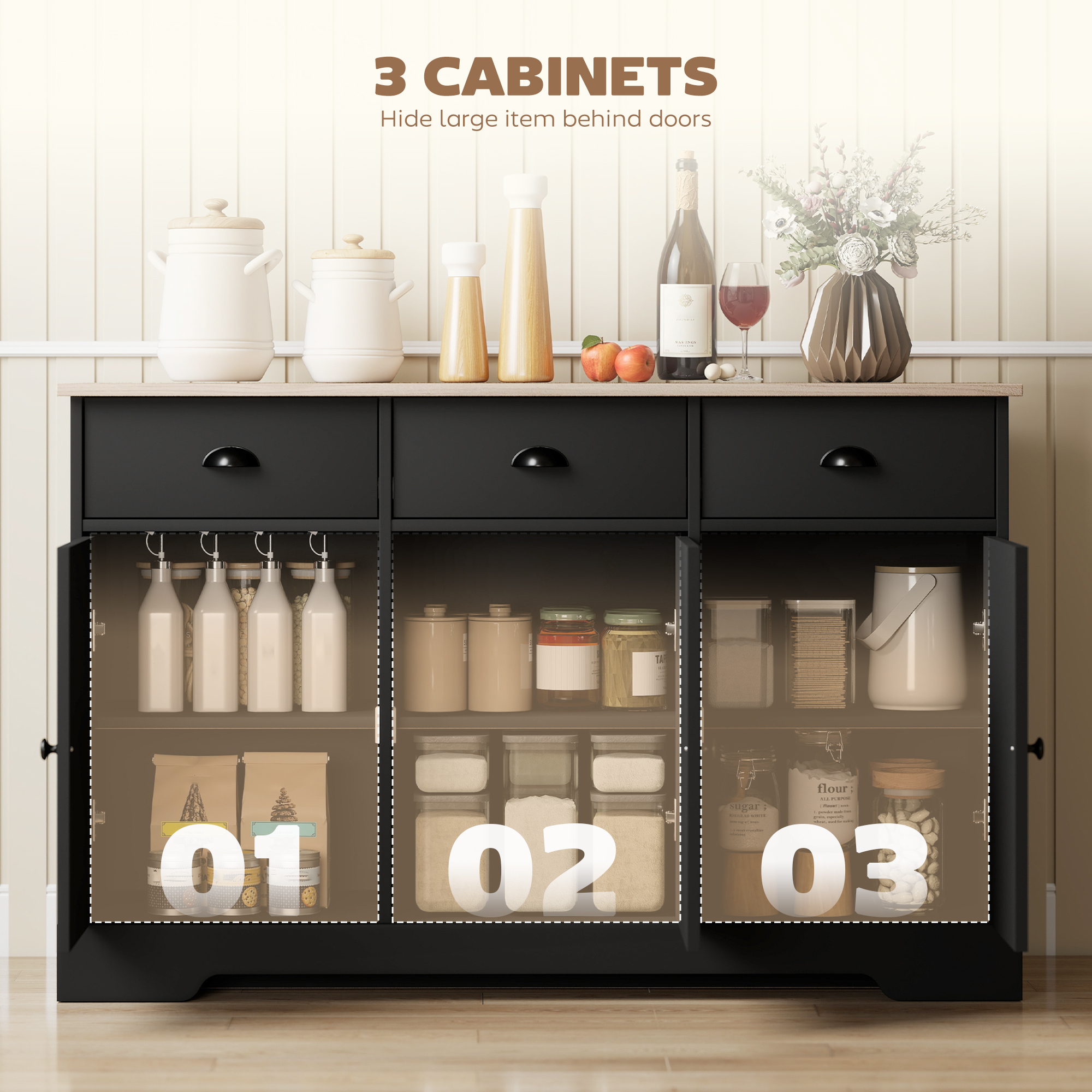 46.5" Buffet Cabinet, Farmhouse Sideboard with 3 Barn Doors and 3 Drawers for Living Room, Kitchen, Black - Image 3