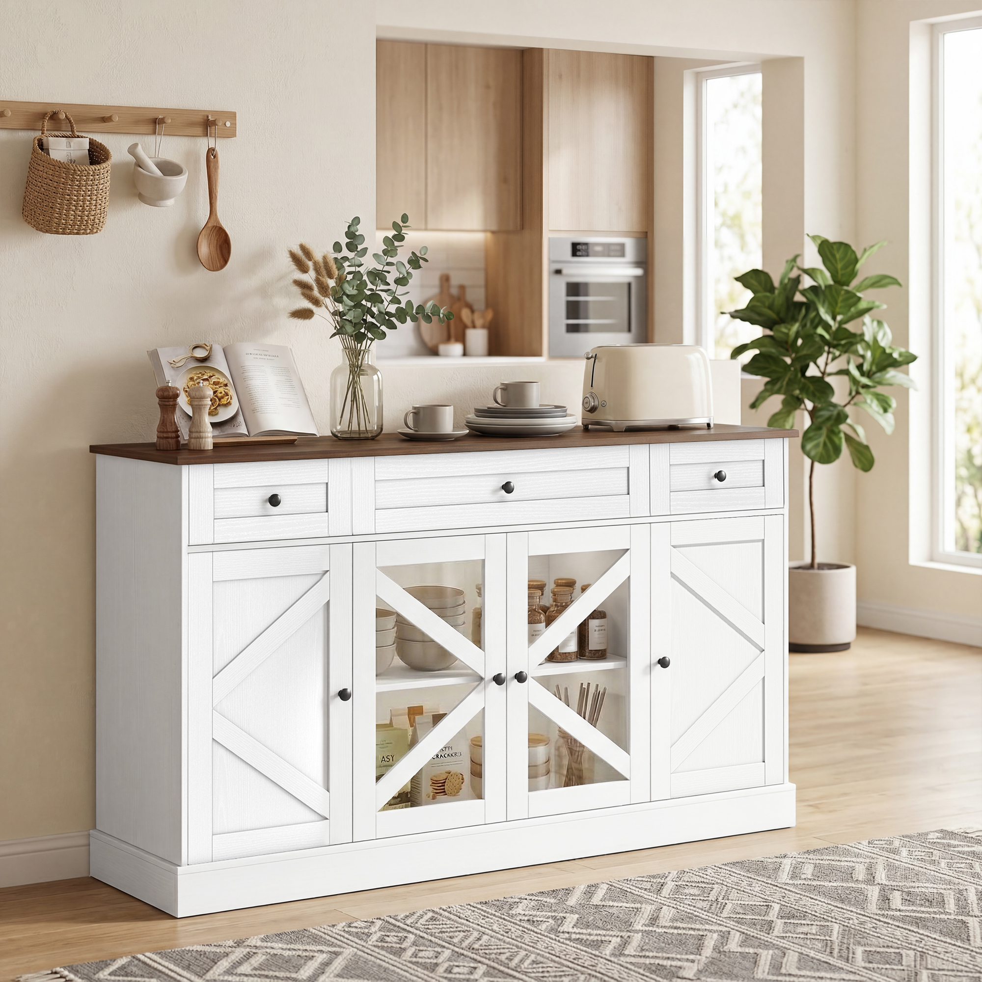 Sideboard Buffet Cabinet, 54" Farmhouse Kitchen Storage Cabinet with Acrylic Barn Doors and 3 Drawers, White Wood Grain - Image 6