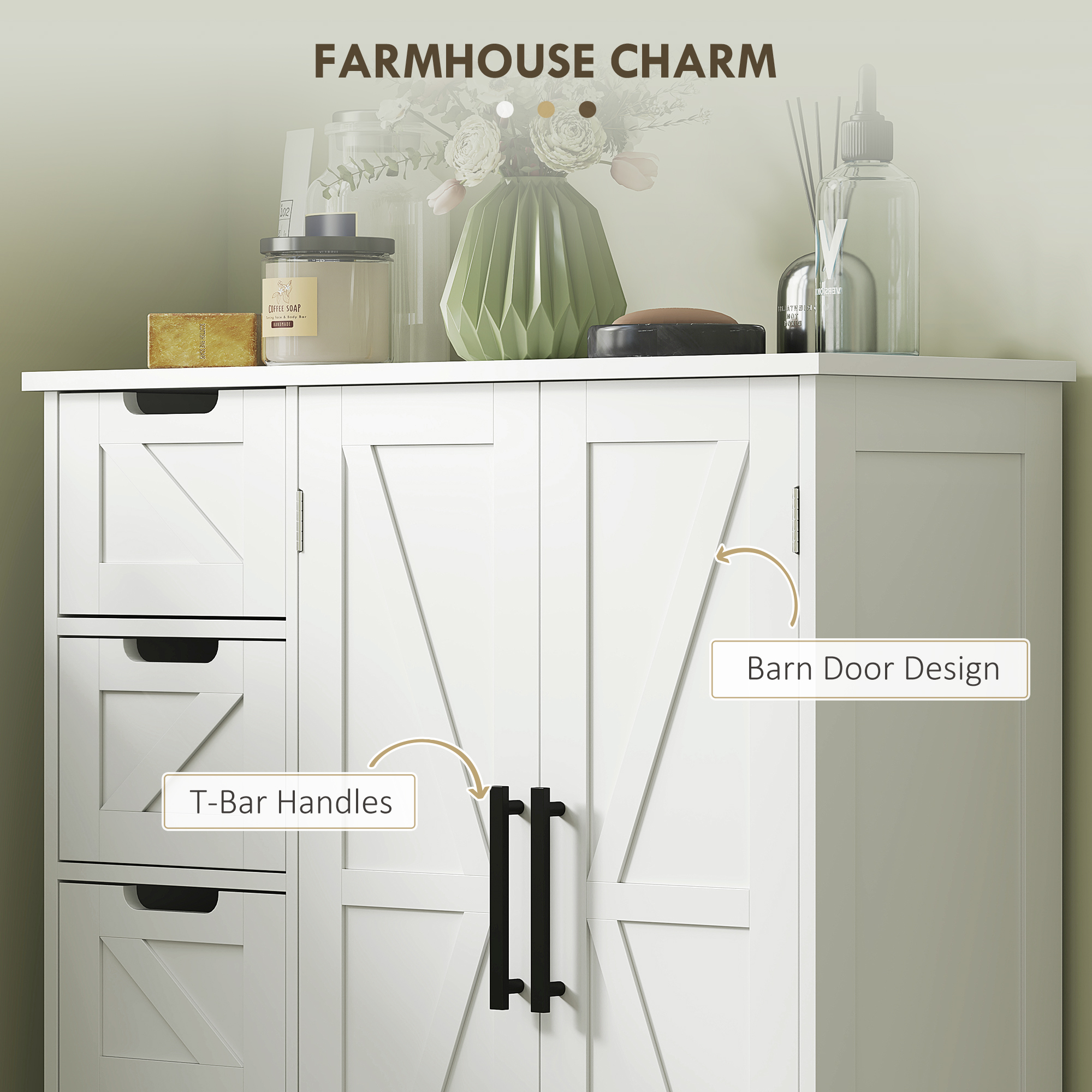 Bathroom Floor Cabinet, Farmhouse Bathroom Storage Cabinet with Adjustable Shelf, White - Image 4