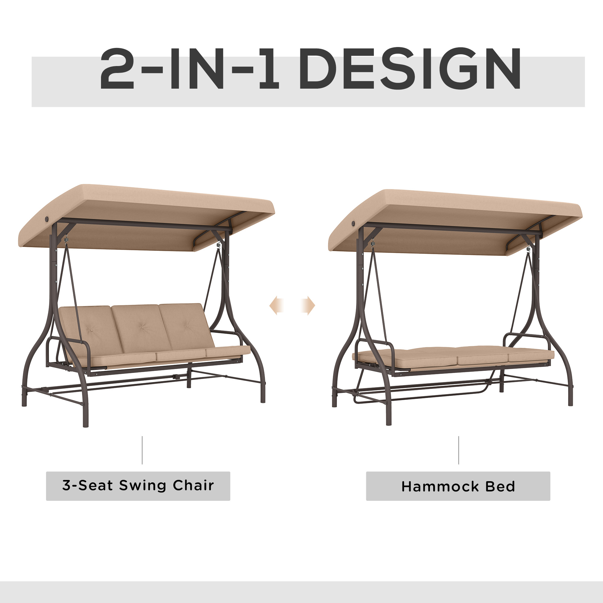 Convertible Patio Swing Bed with Canopy and Cushions, 3 Seater Porch Swing for Outdoor, Backyard, Garden, Khaki - Image 2