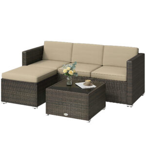 3 Pieces Patio Furniture Set with Cushions, Outdoor PE Rattan Wicker Conversation Corner Sofa Set, Khaki
