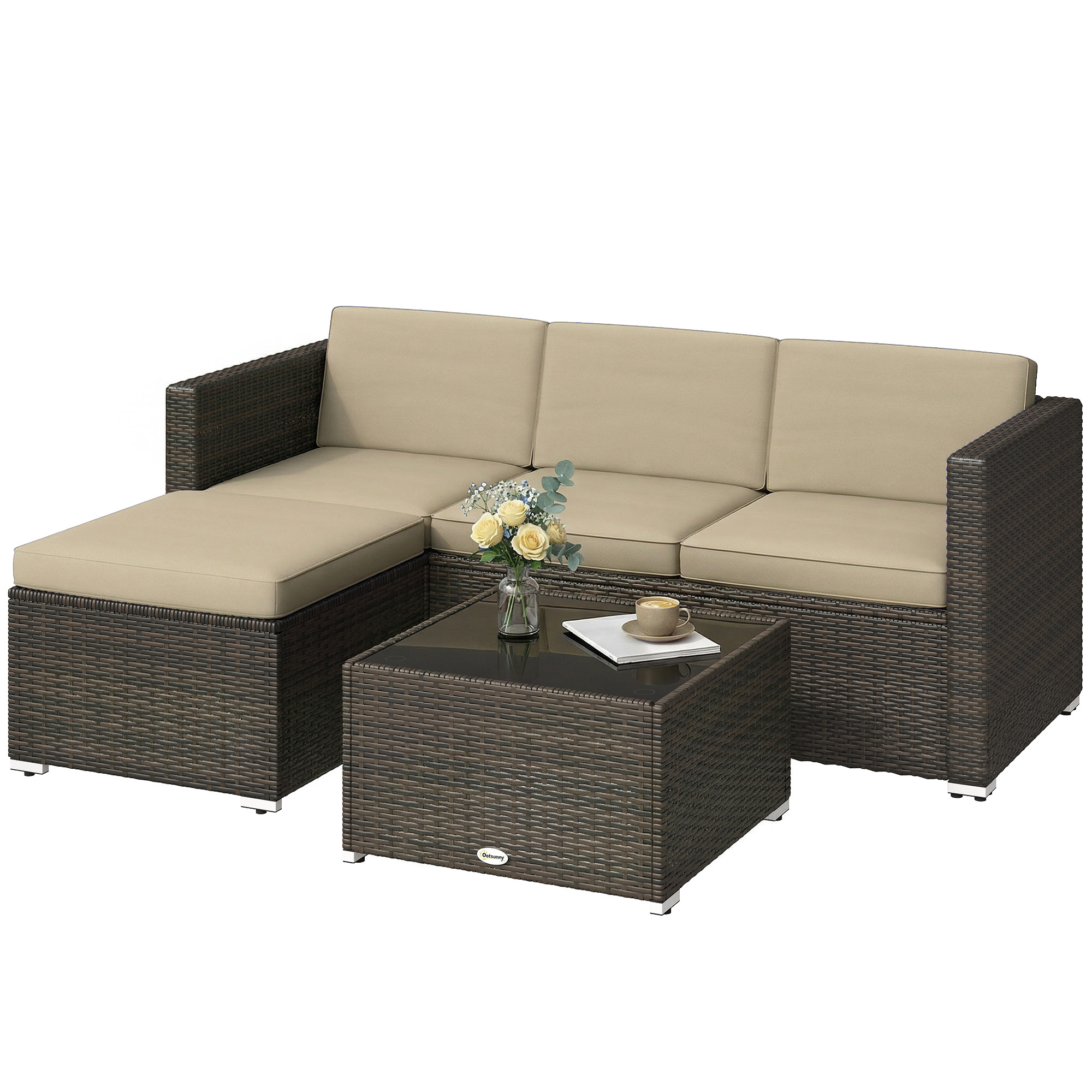 3 Pieces Patio Furniture Set with Cushions, Outdoor PE Rattan Wicker Conversation Corner Sofa Set, Khaki