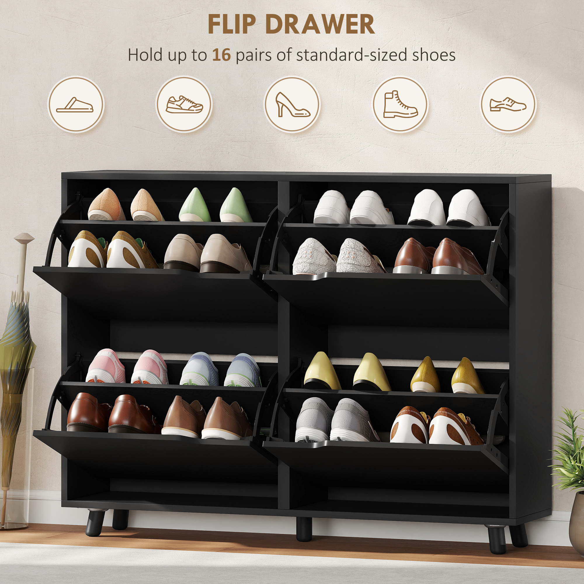 Narrow Shoe Cabinet, Shoe Storage Cabinet with 4 Flip Drawers and Adjustable Shelves for 16 Pairs of Shoes, Black - Image 2