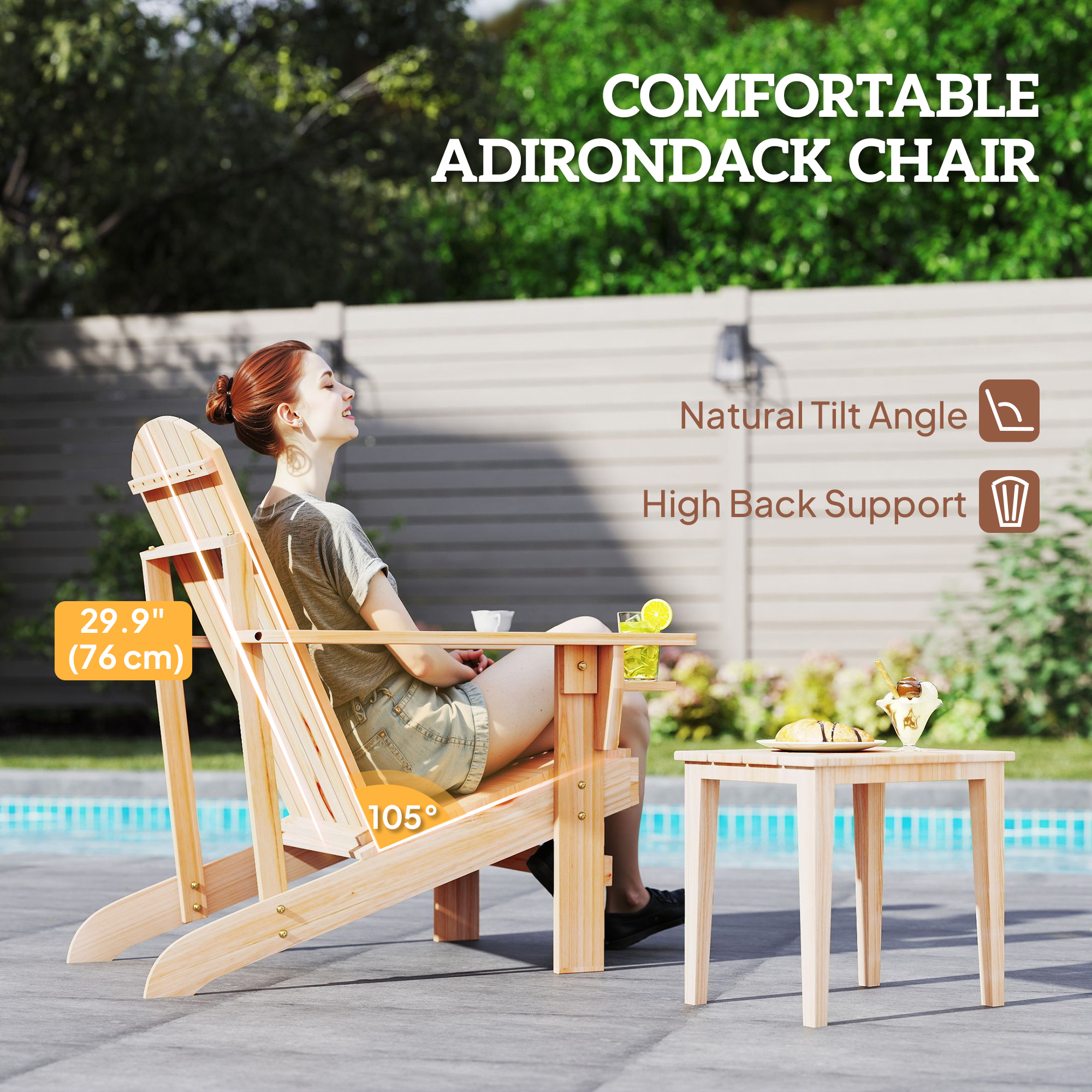 Classic Adirondack Chair Muskoka Chair, Garden Deck Chair with Cup Holder for Patio, Indoor, Backyard, Natural - Image 2