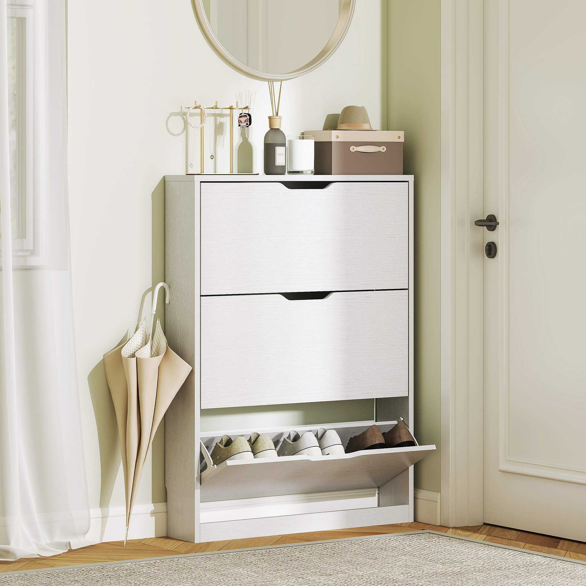Narrow Shoe Storage Cabinet, Shoe Cabinet with 3 Flip Drawers, 31.5" W x 6.7" D x 42.5" H, White - Image 5