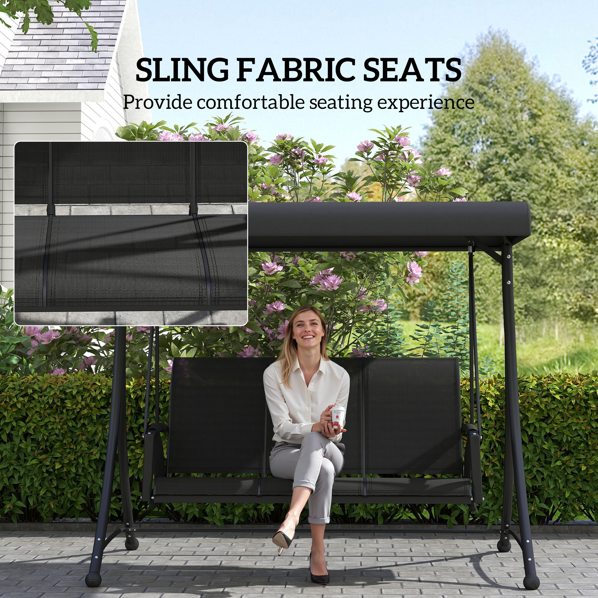 3 Person Outdoor Porch Swing Chair with Adjustable Canopy, Black - Image 3