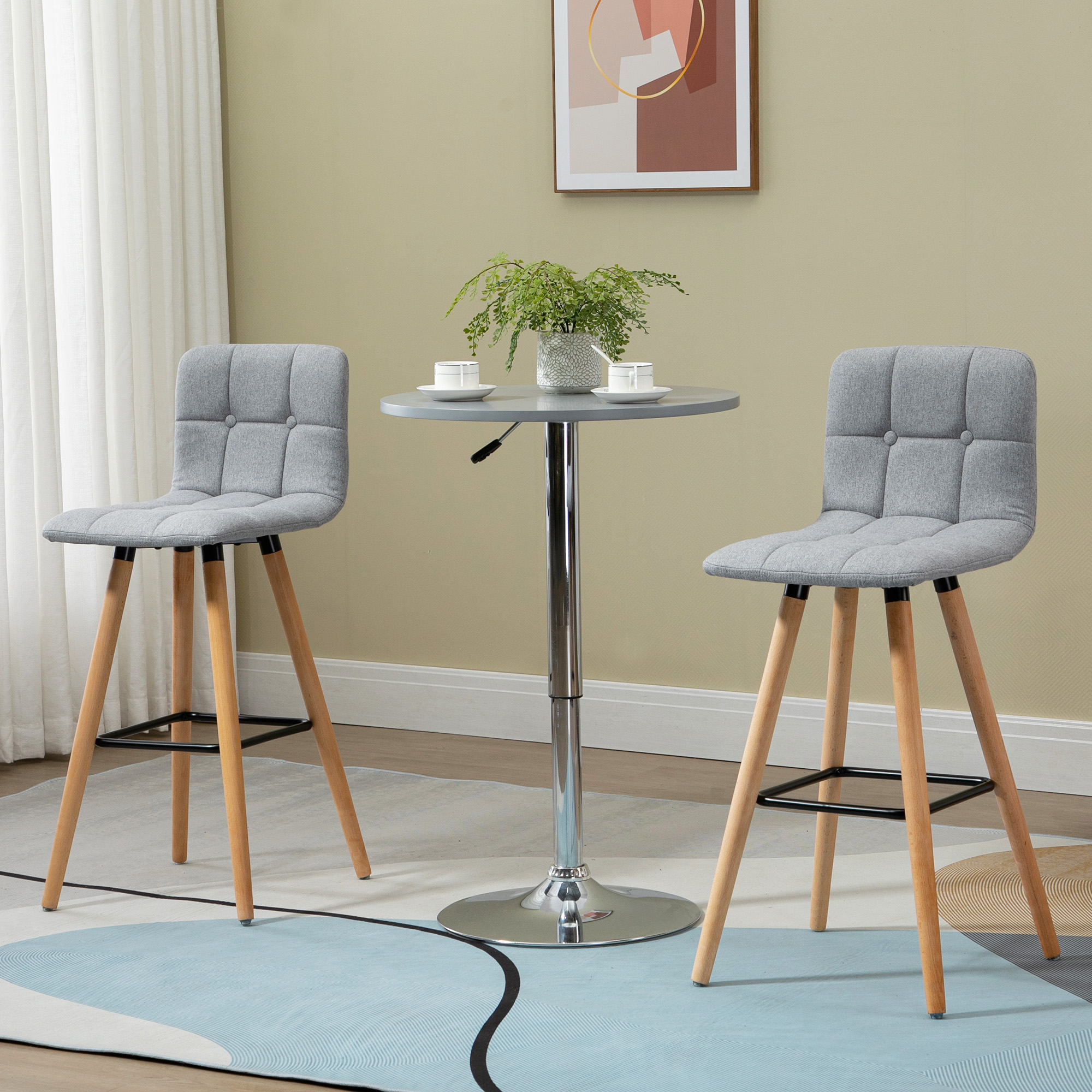 Modern Bar Stools Set of 2, 38" Upholstered Kitchen Island Stool with Solid Wood Legs, Grey - Image 6