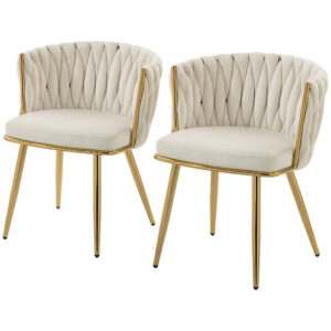 Modern Dining Chairs Set of 2, Velvet-Feel Upholstered Kitchen Chairs with Woven Backrest and Metal Legs, Cream White
