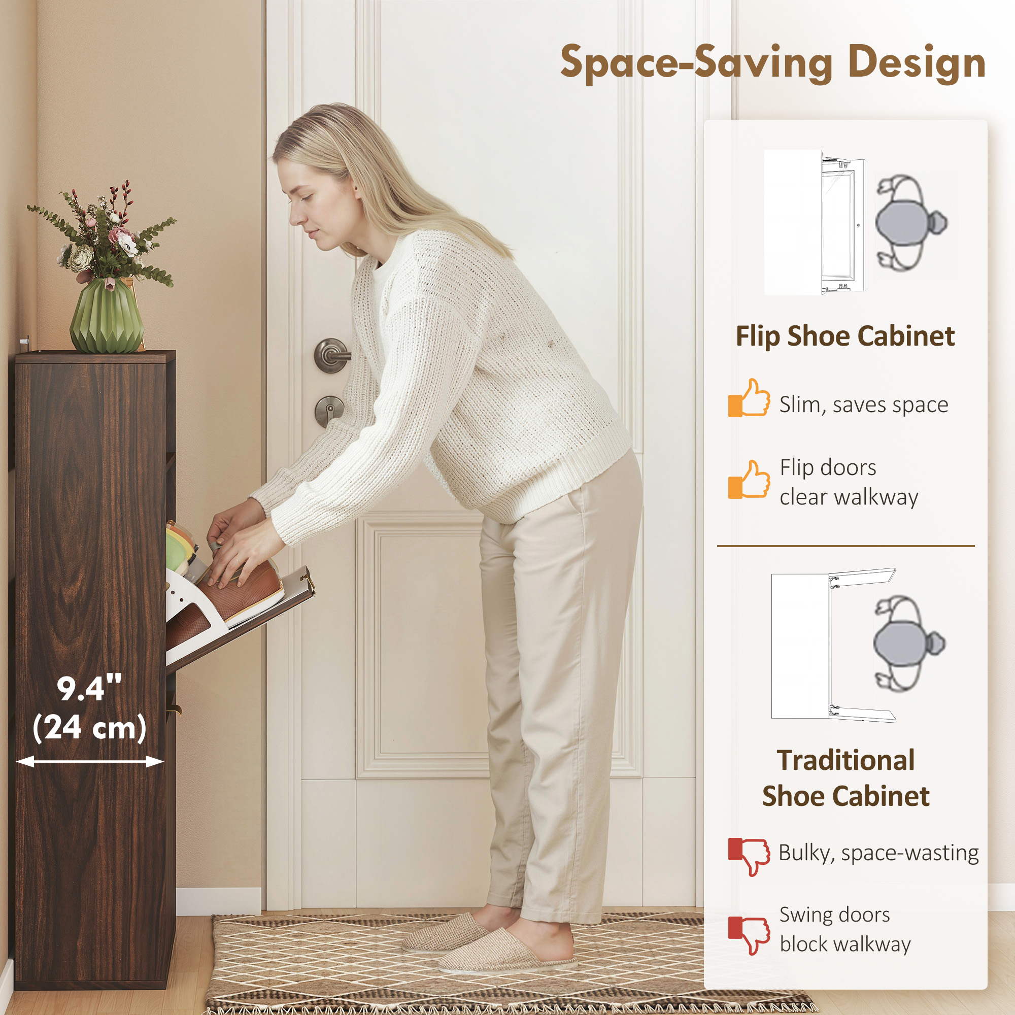 Shoe Cabinet with 2 Flip Drawers Narrow Shoe Storage Cabinet with Top Shelf for Entryway Hallway Coffee - Image 2
