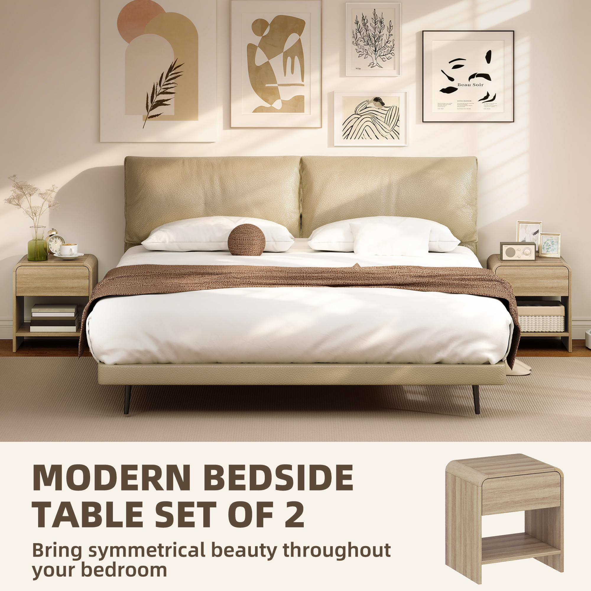 Nightstand Set of 2, Modern Bedside Table with Rounded Corners, Nightstand with Drawer and Open Shelf, Natural Wood - Image 2