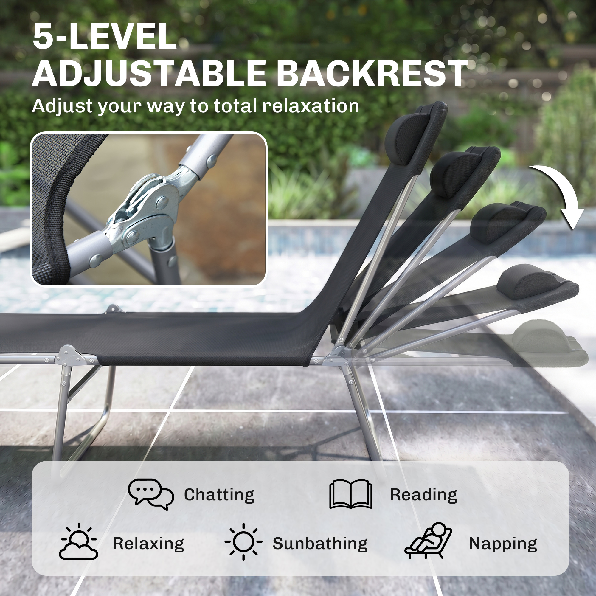 Outdoor Lounge Chair, Portable Adjustable Reclining Seat Folding Chaise Lounge Patio Camping Beach Tanning Chair Bed with Pillow, Black - Image 2
