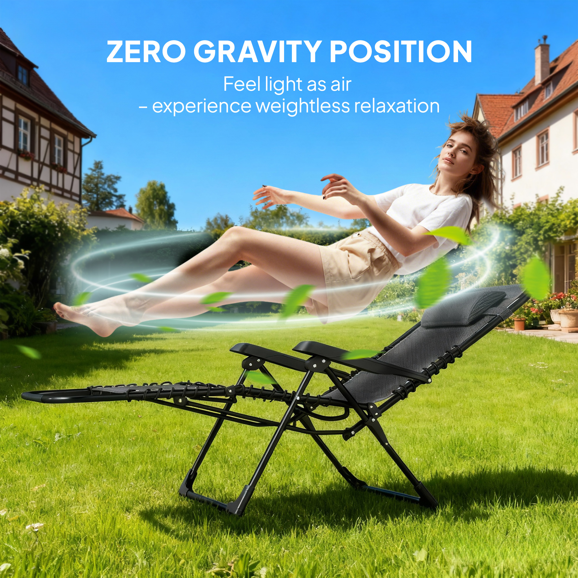 Folding Zero Gravity Chair, 5-Position Adjustable Outdoor Lounge Chair Recliner with Headrest, Black - Image 2