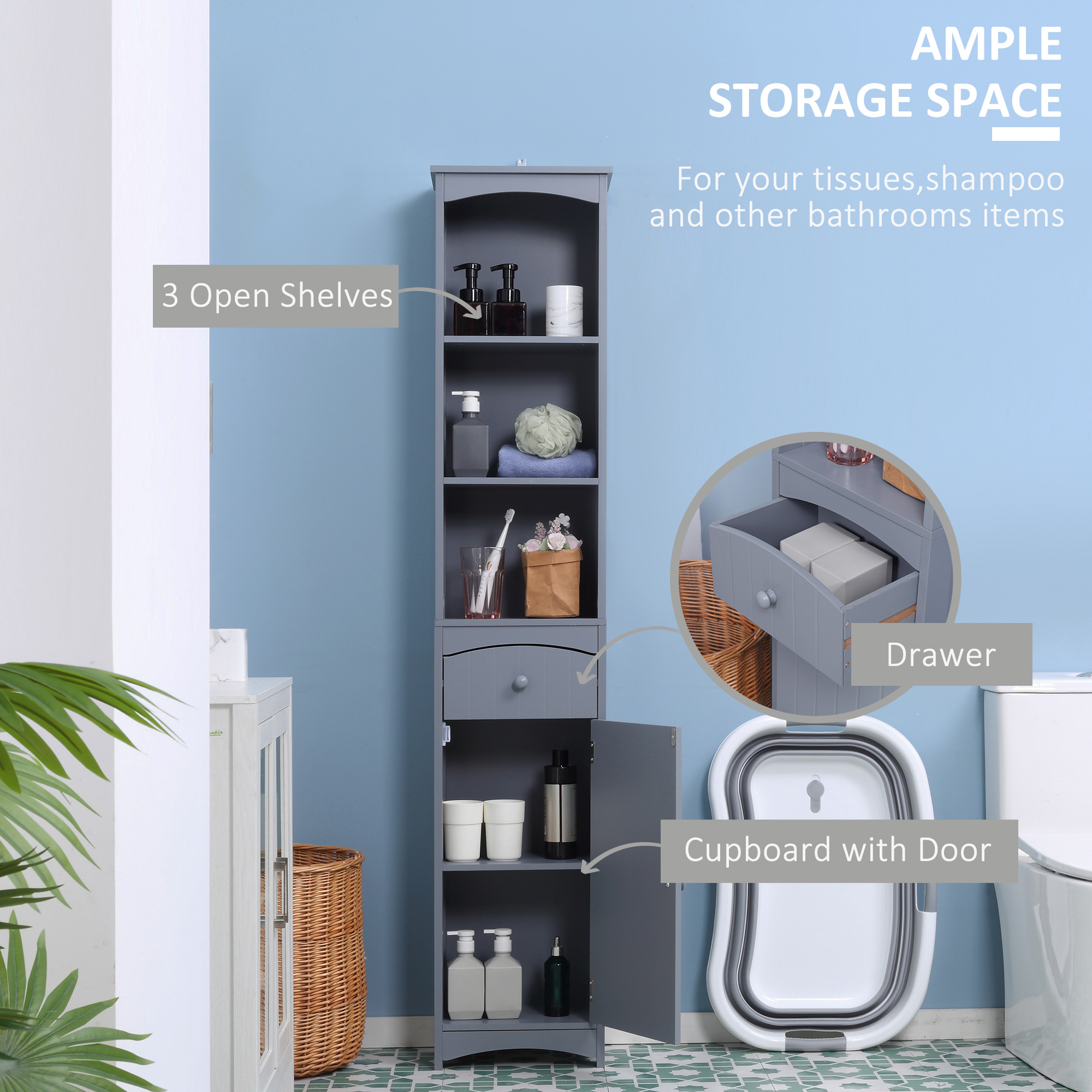 Bathroom Storage Cabinet, Tall Linen Tower with 3-Tier Shelves and Drawer and Door, Grey - Image 2