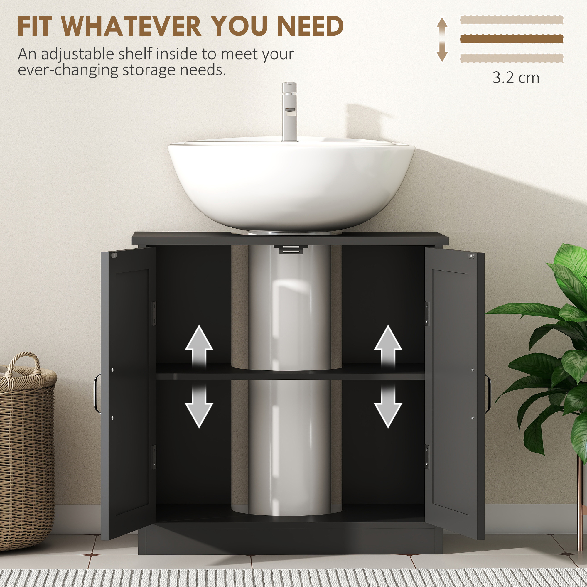 edestal Under Sink Cabinet, Bathroom Vanity Cabinet Storage with Double Doors and Adjustable Shelf, Black - Image 5