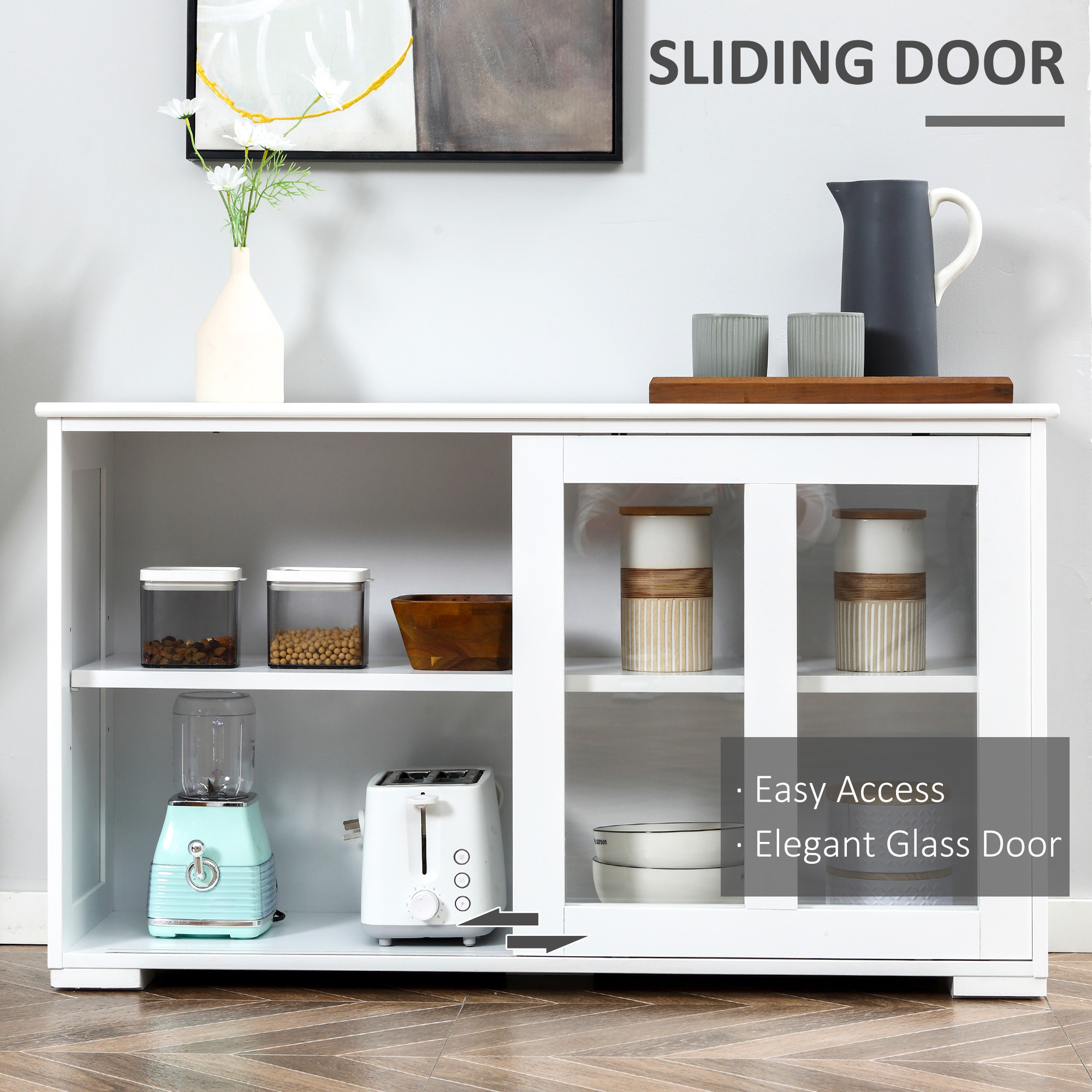 Modern Kitchen Sideboard, Stackable Storage Cabinet, Sliding Glass Door Console, Cupboard Serving Buffet for Kitchen & Dining Room, White - Image 3