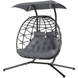 Double Wicker Egg Swing Chair with Canopy, Foldable Hanging Egg Chair with Stand Cushion Headrest, Black