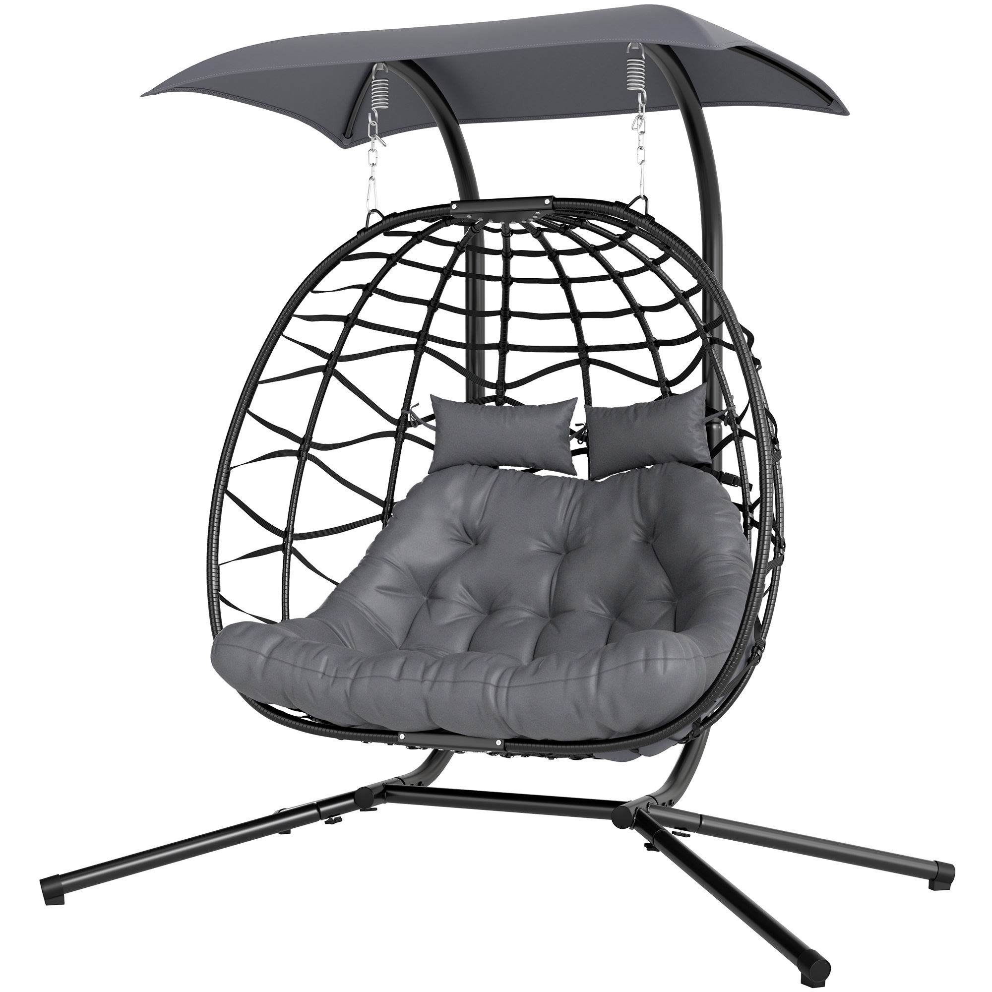 Double Wicker Egg Swing Chair with Canopy, Foldable Hanging Egg Chair with Stand Cushion Headrest, Black