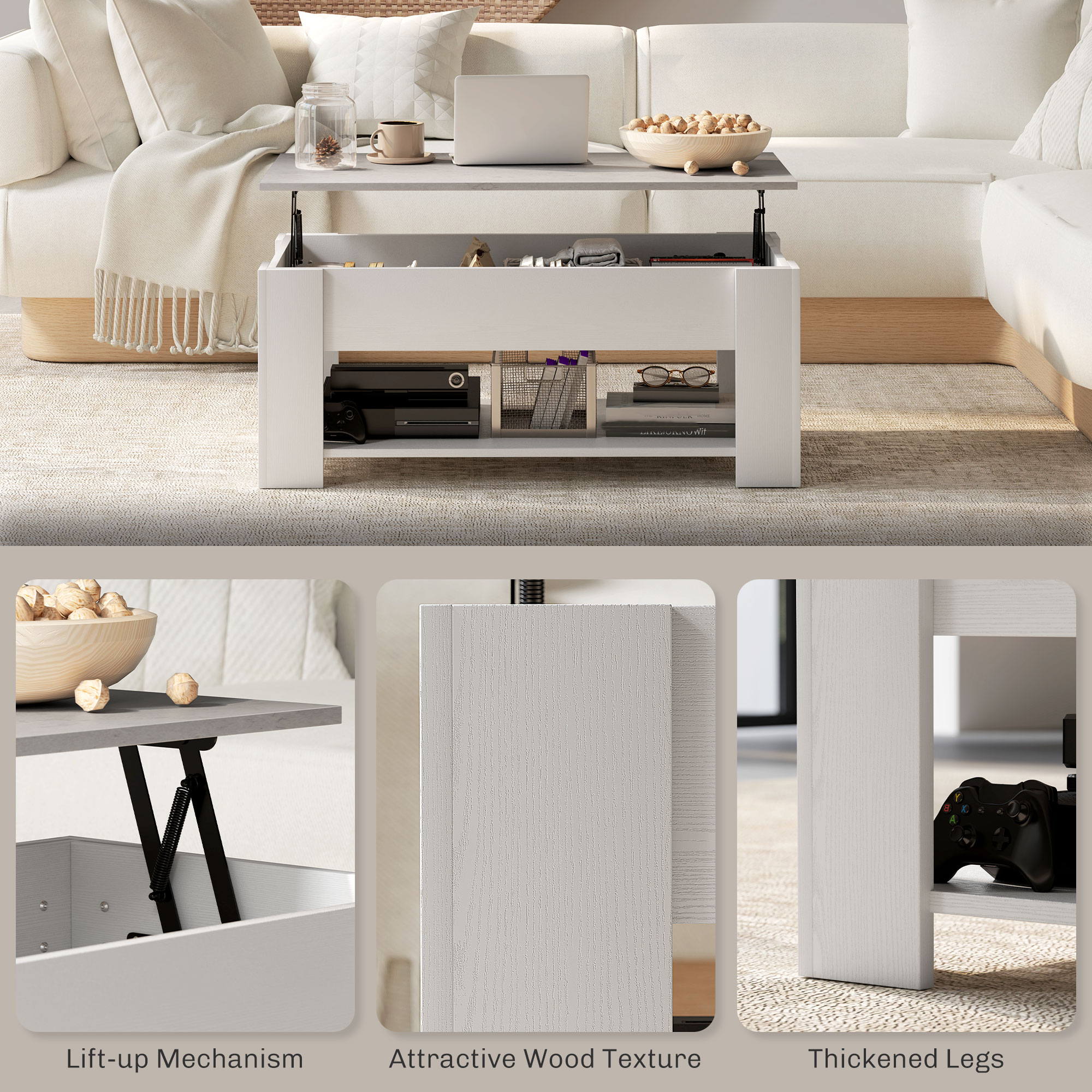 Lift Top Coffee Table with Hidden Storage Compartment and Open Shelf, Center Table for Living Room, White - Image 4