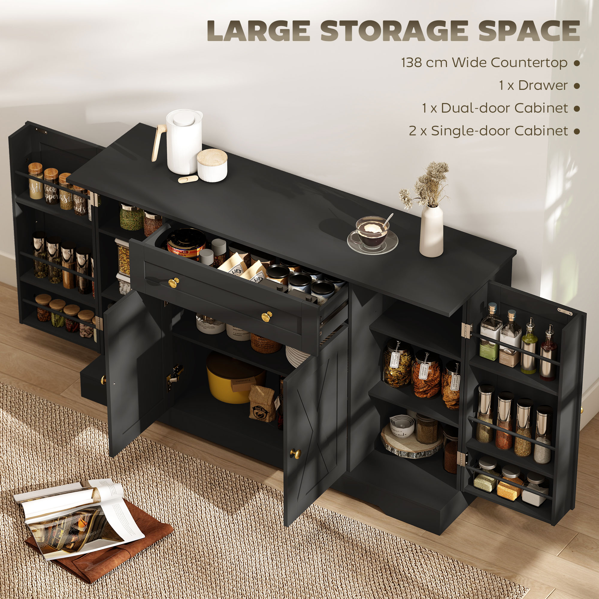 Sideboard Buffet Cabinet, Farmhouse Coffee Bar Cabinet with Door Shelves, Adjustable Shelves, Drawer, Barn Doors, Black - Image 2