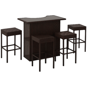 5 Pieces Patio Bar Set, Outdoor PE Rattan Wicker High Top Outdoor Table and Chairs Outdoor Bar Set with Tempered Glass Top Bar Table and Shelves, 4 Bar Chairs, Dark Brown